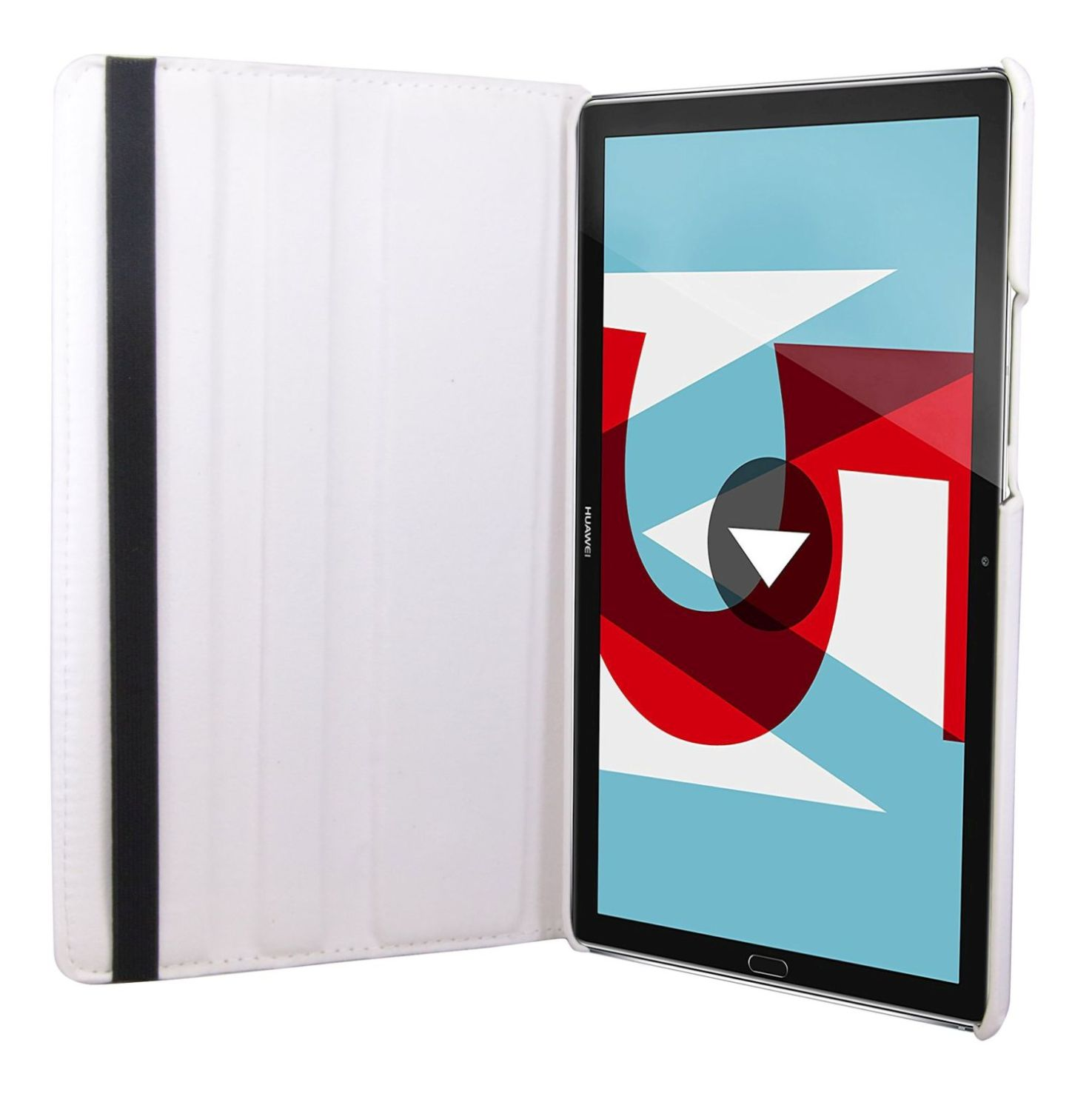 Eine weiße Tablethülle hält ein Tablet mit farbenfrohem Bildschirm. Die Hülle öffnet sich wie ein Buch.