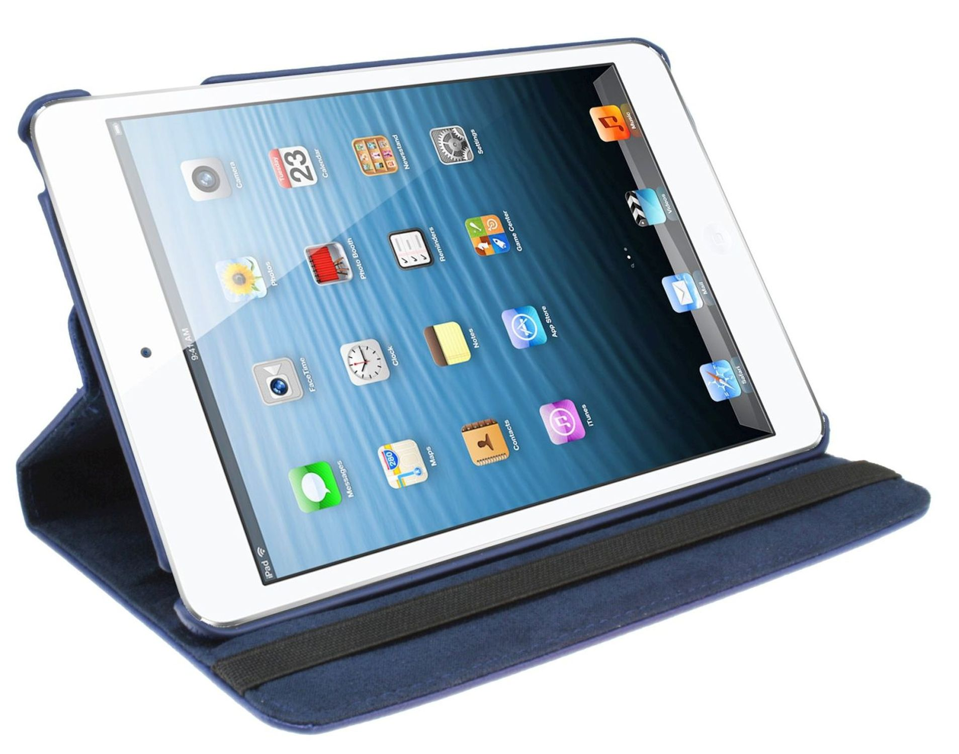 Ein iPad in einer blauen Hülle. Der Bildschirm zeigt Apps. Hülle hat ein schwarzes Gummiband.