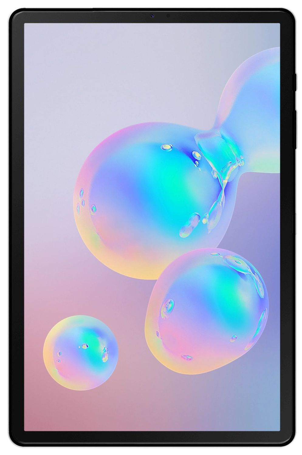 Ein schwarzes Tablet zeigt farbenfrohe, abstrakte, kugelförmige Formen. Der Bildschirm ist zentriert.
