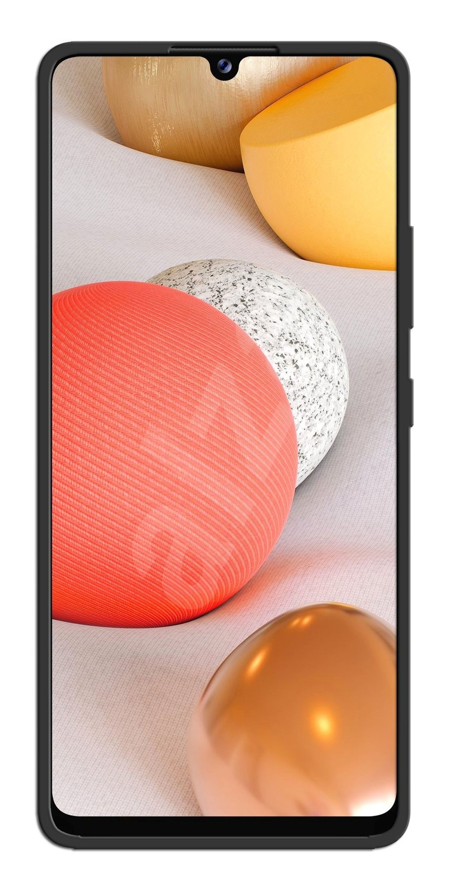 Smartphone mit Bildschirm, der abstrakte Formen zeigt. Mehrere bunte Kugeln sind sichtbar.