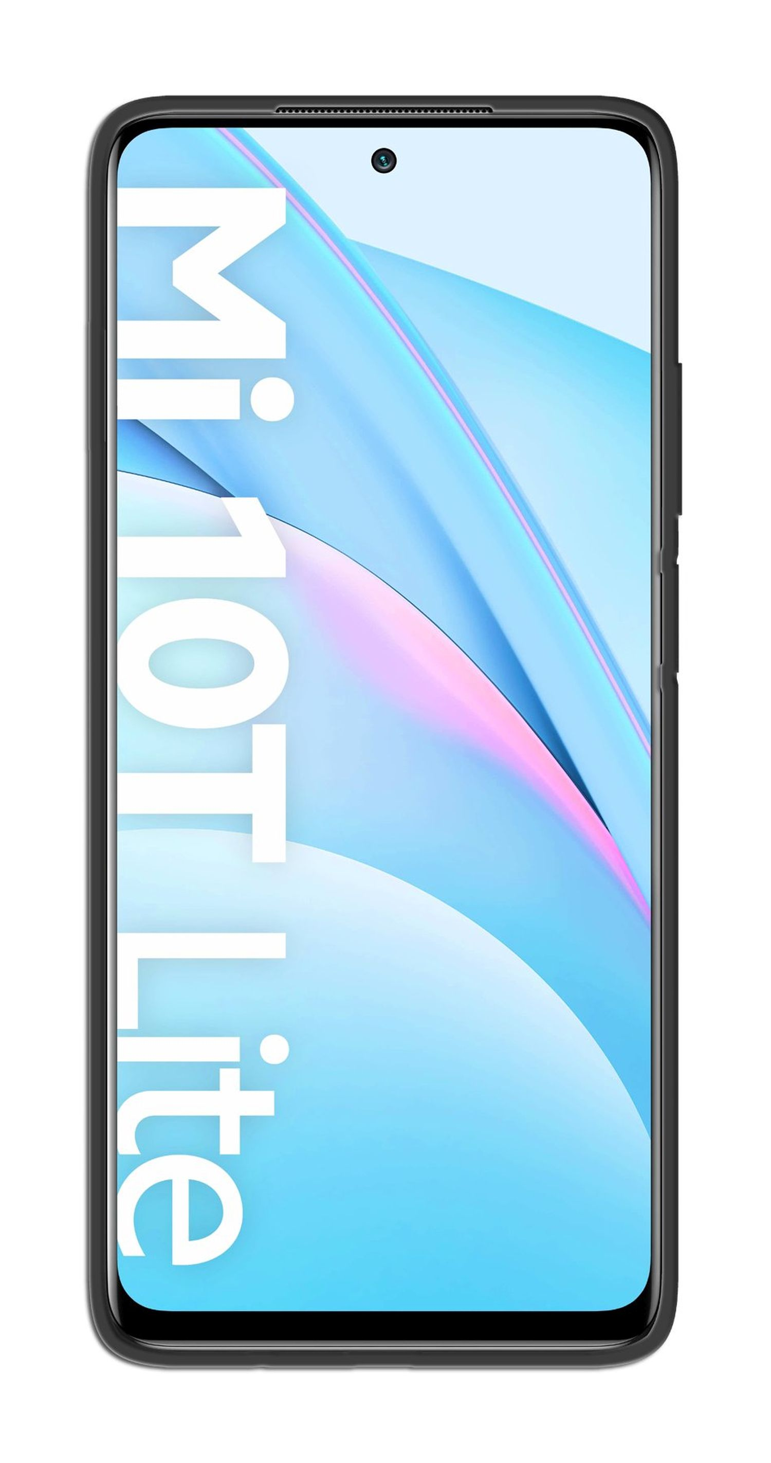 Smartphone mit Mi 10T Lite-Text, schwarzer Rahmen, weißer Hintergrund.