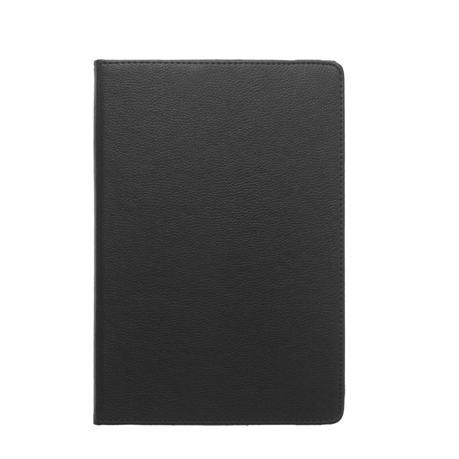 Schwarze Tablet-Hülle aus Leder auf weißem Hintergrund, mit einer genähten Bordüre.
