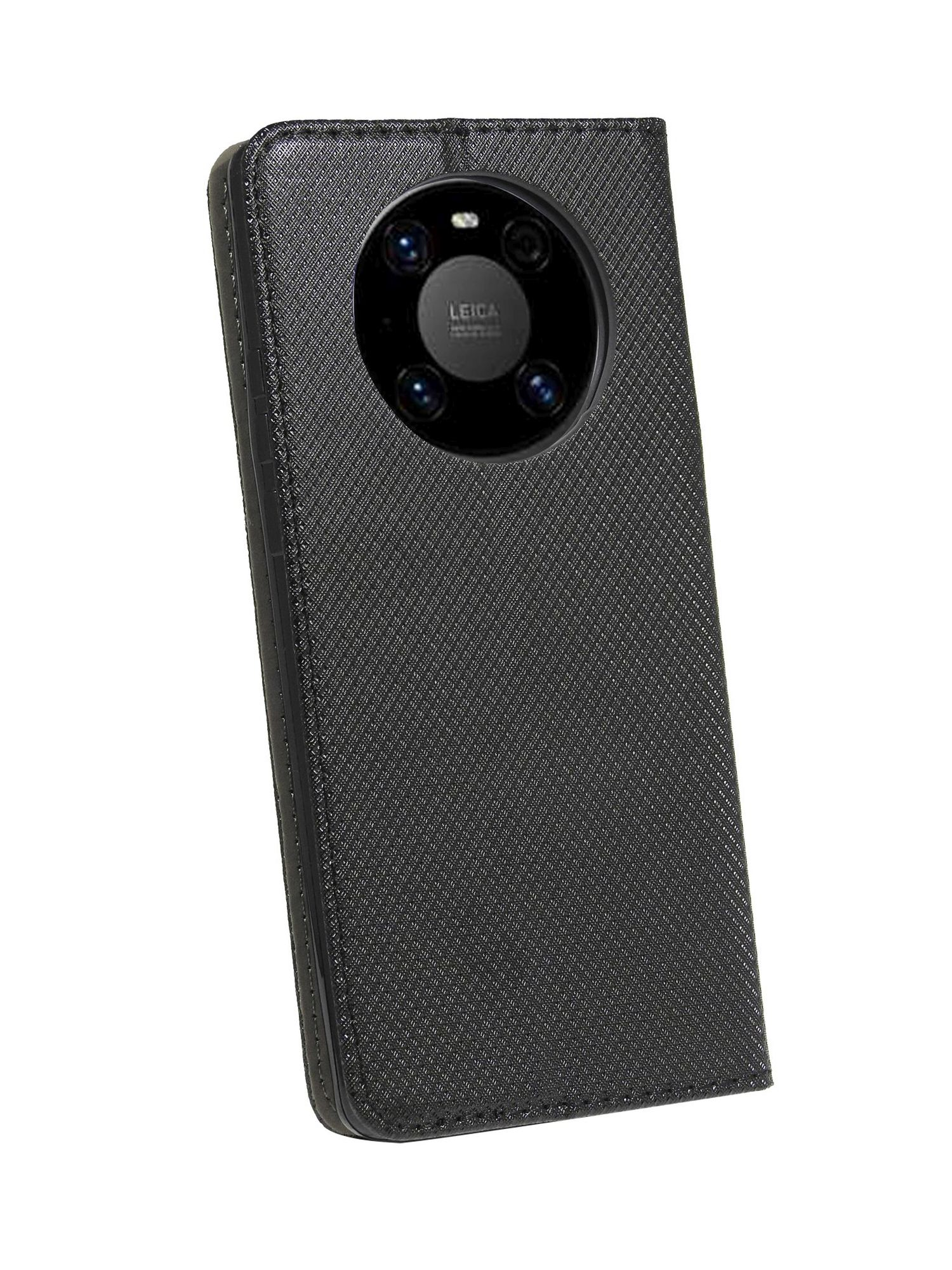 Schwarze, strukturierte Handyhülle mit Leica-Kameraobjektiven. Die Hülle ist geschlossen und angewinkelt.