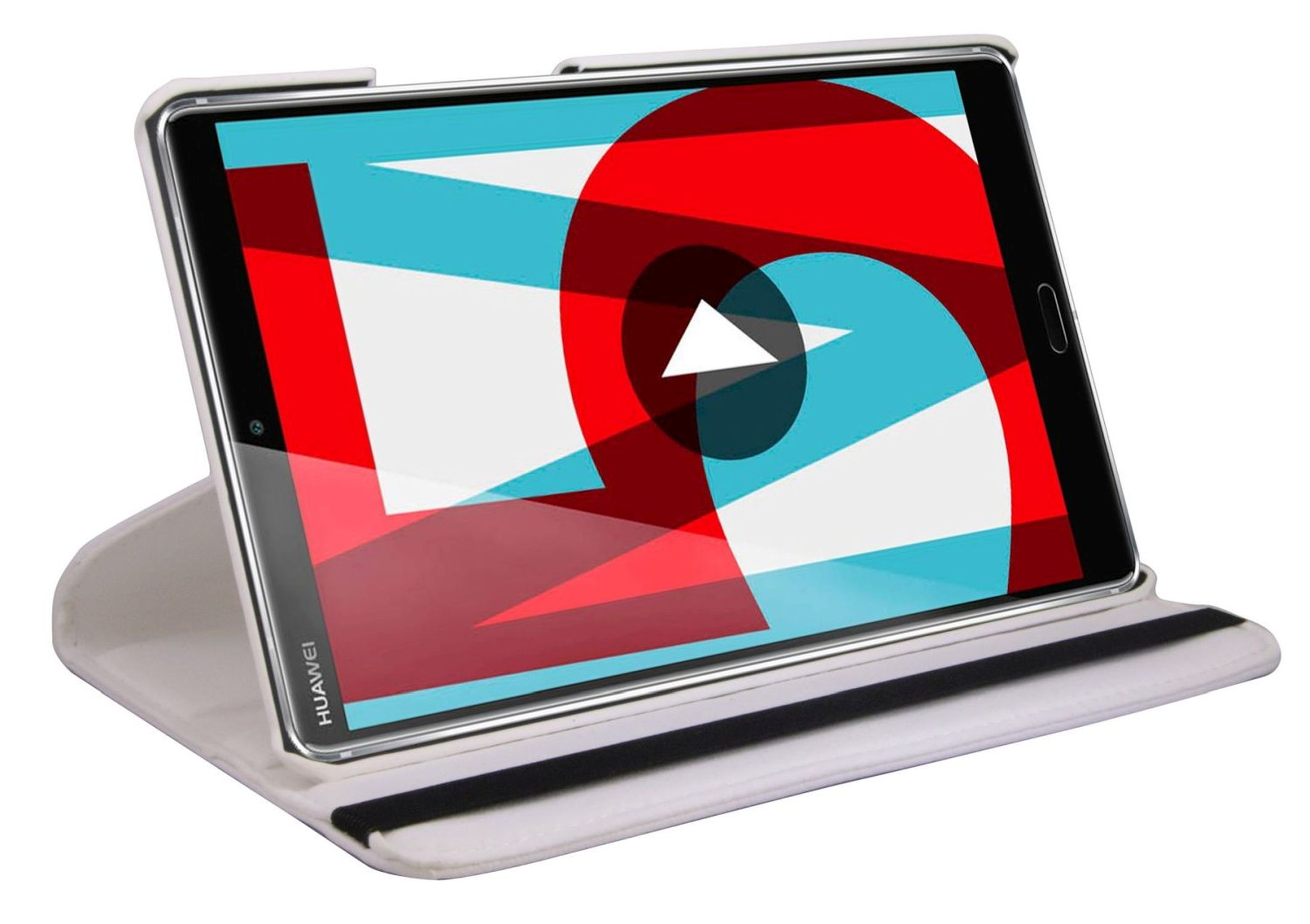 Tablet in einer weiß-schwarzen Hülle. Bildschirm zeigt eine Play-Taste über abstrakter Kunst.