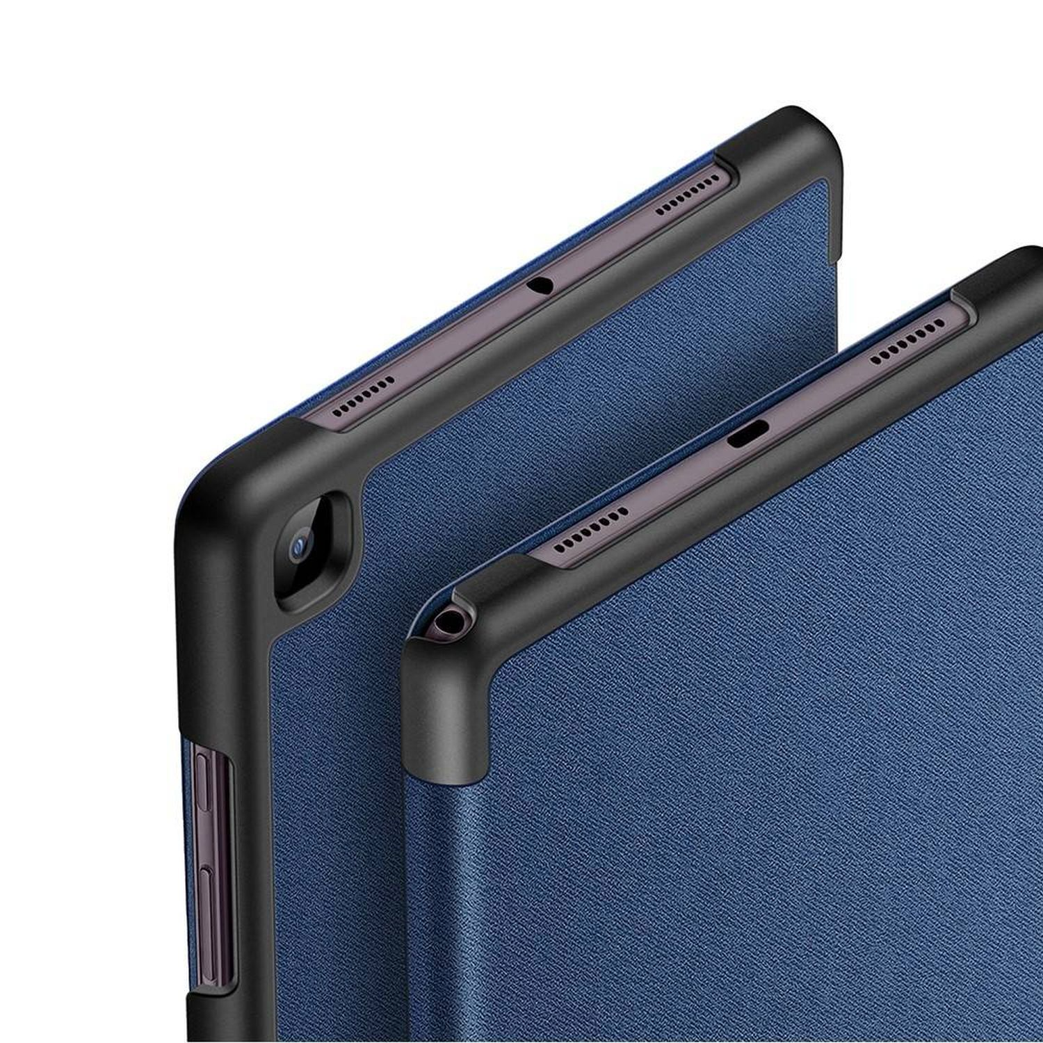 Zwei Tablet-Hüllen, blau, mit schwarzen Rändern. Die Hüllen sind abgewinkelt und stehen vor weißem Hintergrund.