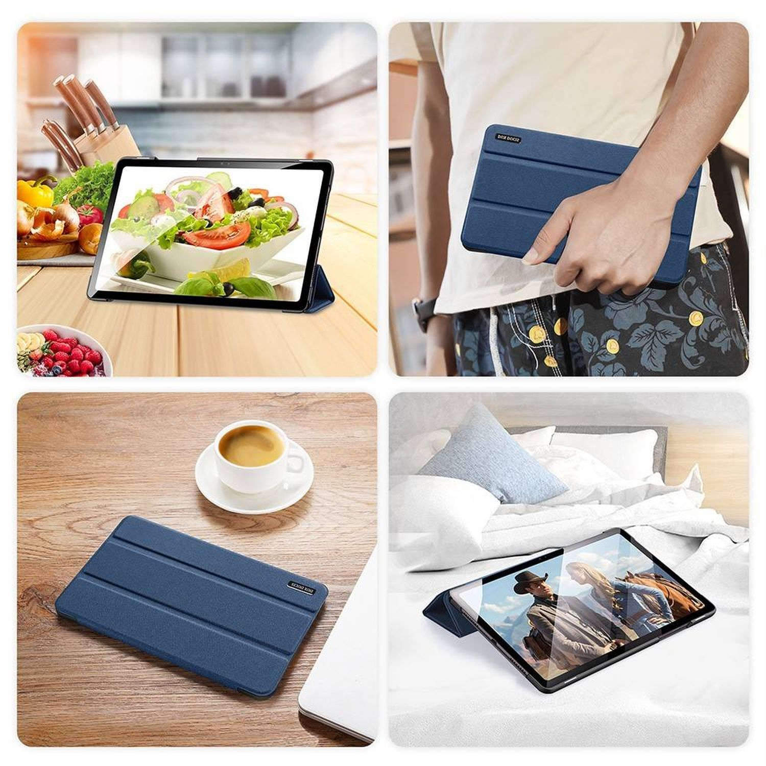 Collage von Tablets in verschiedenen Umgebungen, darunter ein Tisch, Hand gehalten und auf einem Bett.