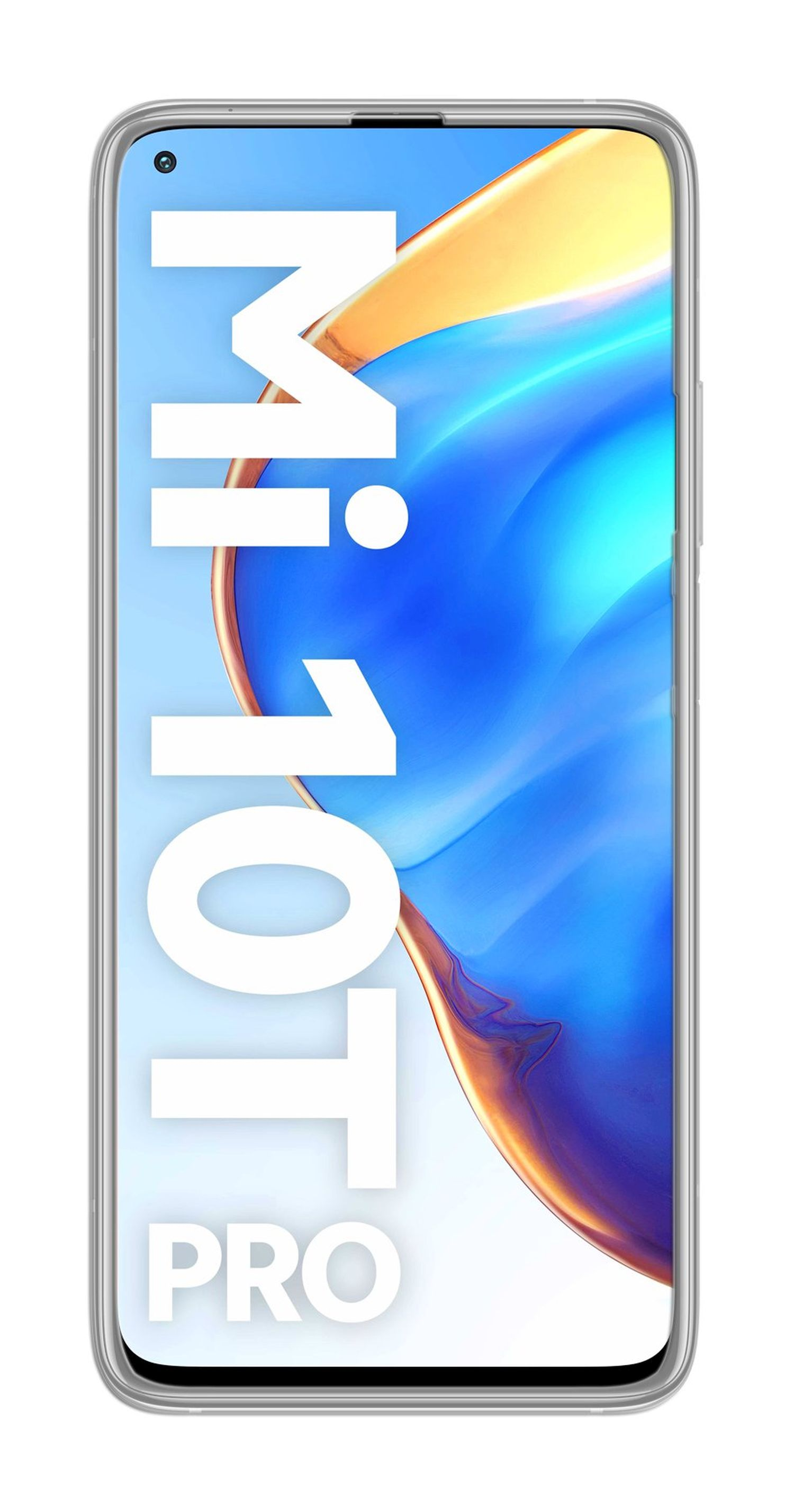 Ein Smartphone mit Bildschirm, der die Worte Mi 10T PRO in weißen Buchstaben zeigt. Das Telefon hat einen Silberrahmen.