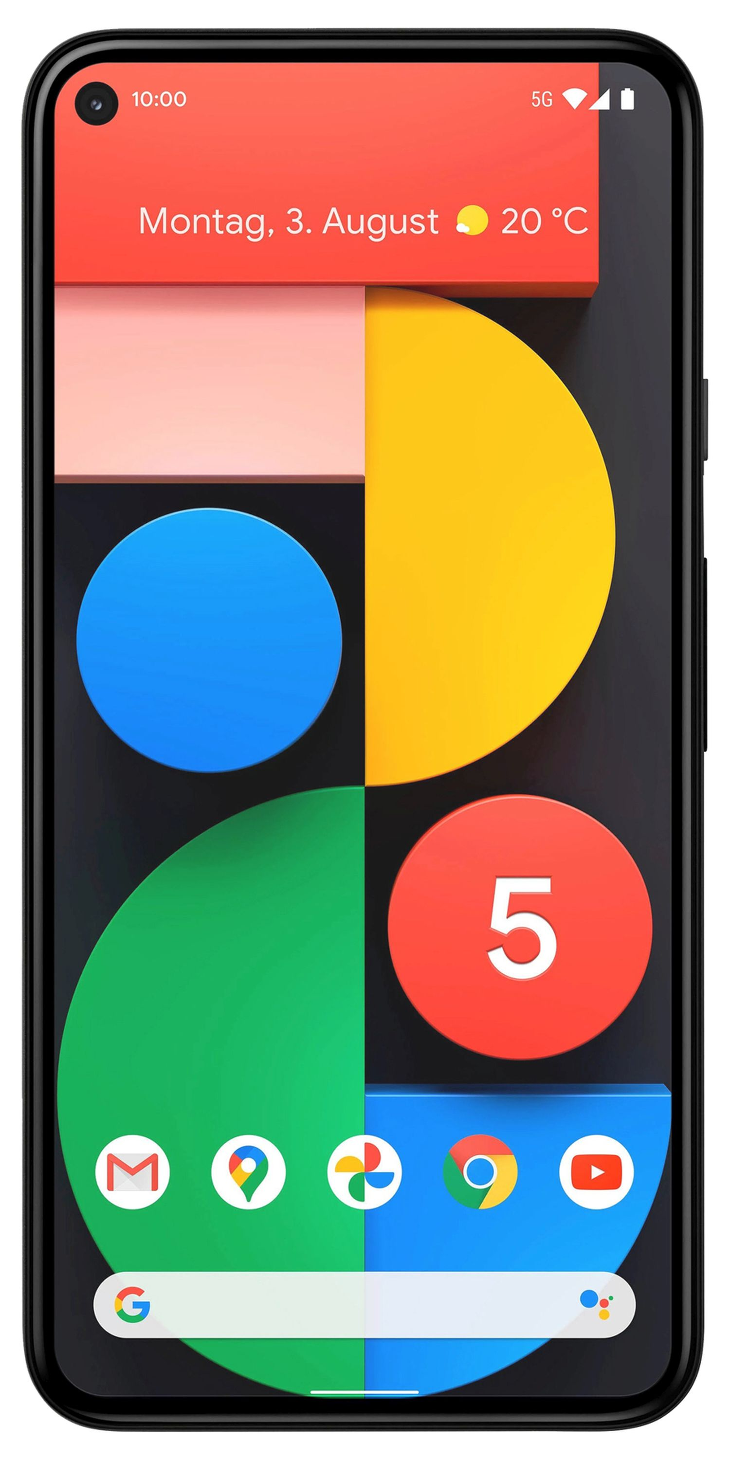 Ein schwarzes Smartphone, das eine farbenfrohe Benutzeroberfläche mit Wetter-Widget, Datum, Uhrzeit und App-Symbolen zeigt.