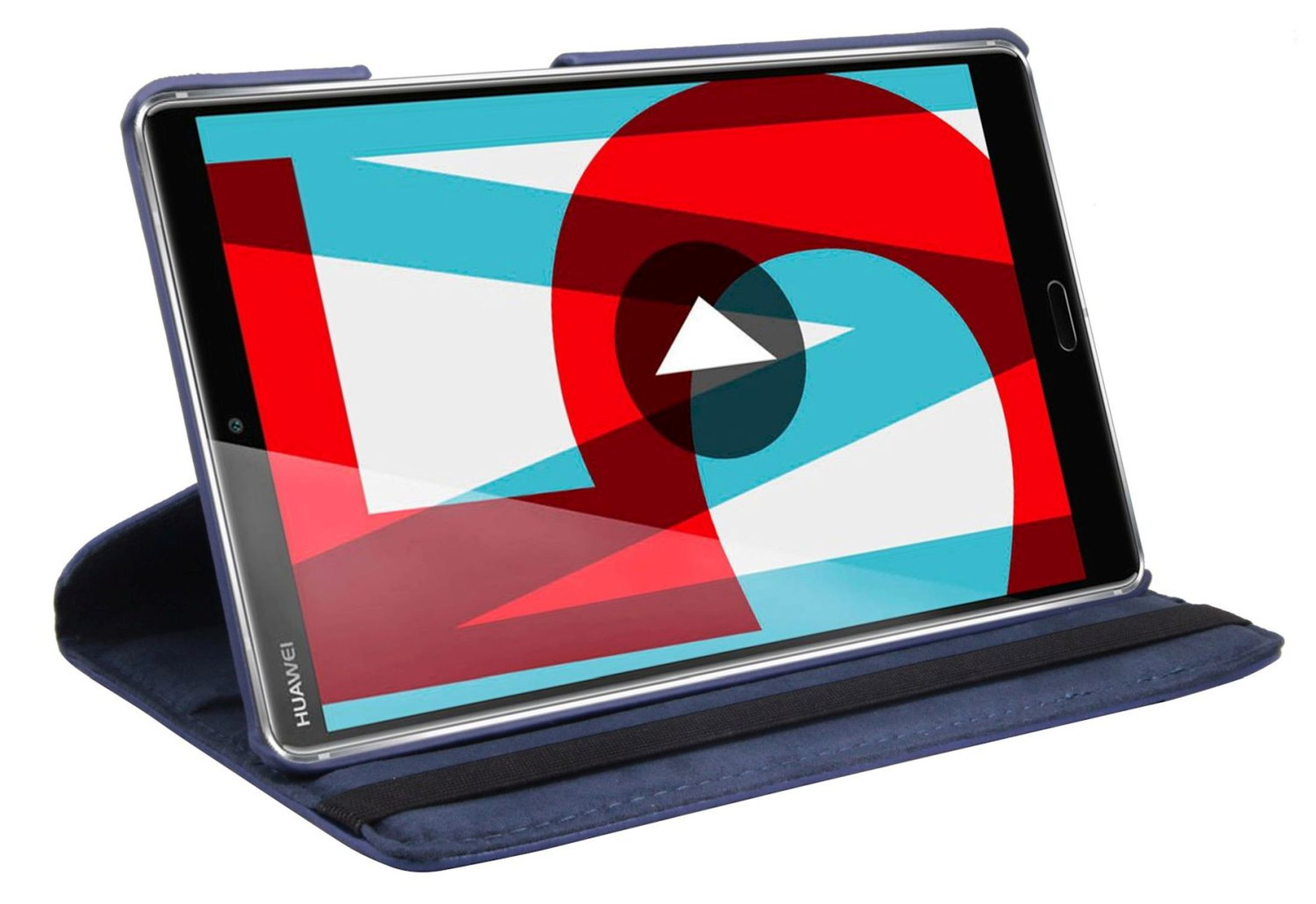 Blaue Tablethülle mit Tablet, mit rotem und blauem Hintergrund auf dem Bildschirm.