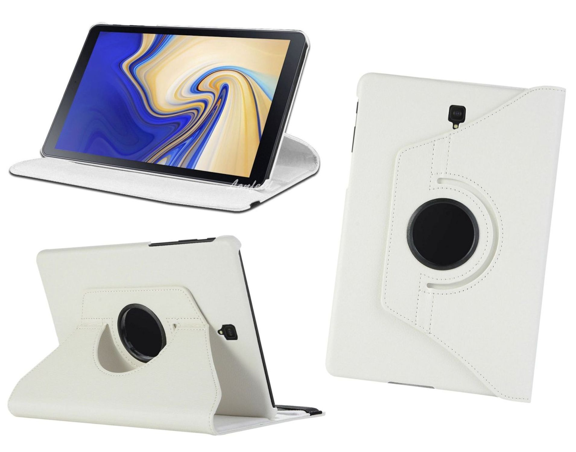 Eine weiße Tablethülle hält ein Tablet. Die Hülle kann gedreht werden und das Tablet in verschiedenen Positionen.