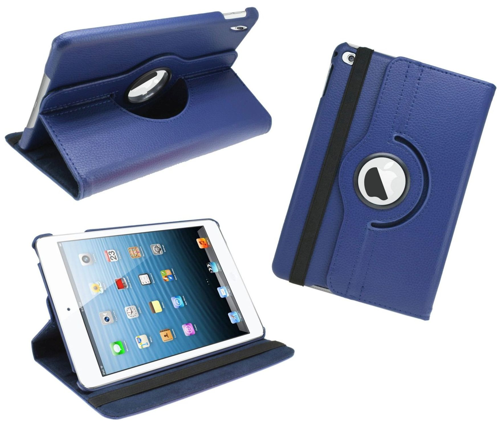 Ein iPad in einem blauen, drehbaren Gehäuse. Das Gehäuse zeigt das Apple-Logo und hat einen schwarzen Riemen.