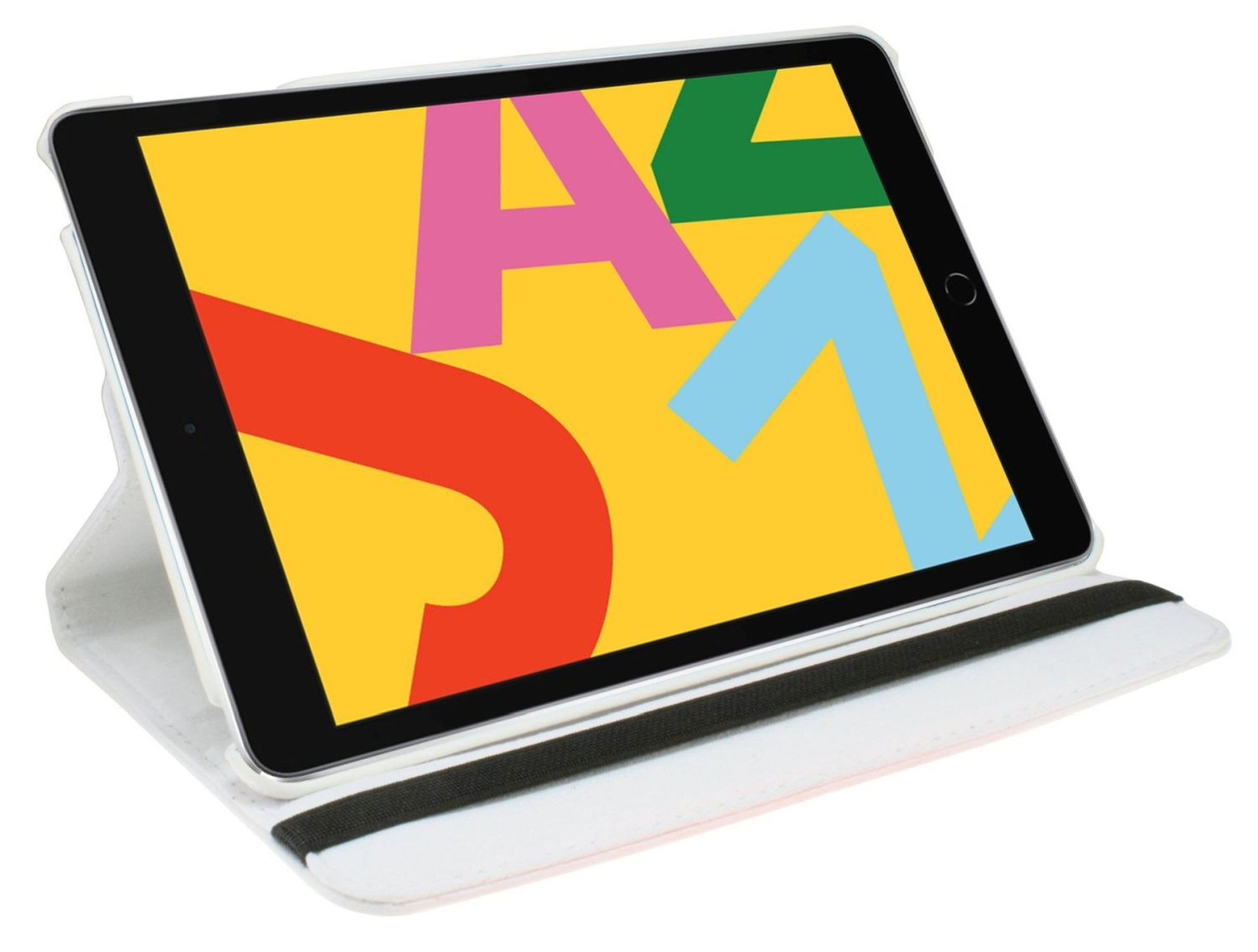 Ein Tablet in einem weißen Gehäuse mit einem farbenfrohen Display, das Buchstaben und einen gelben Hintergrund zeigt.