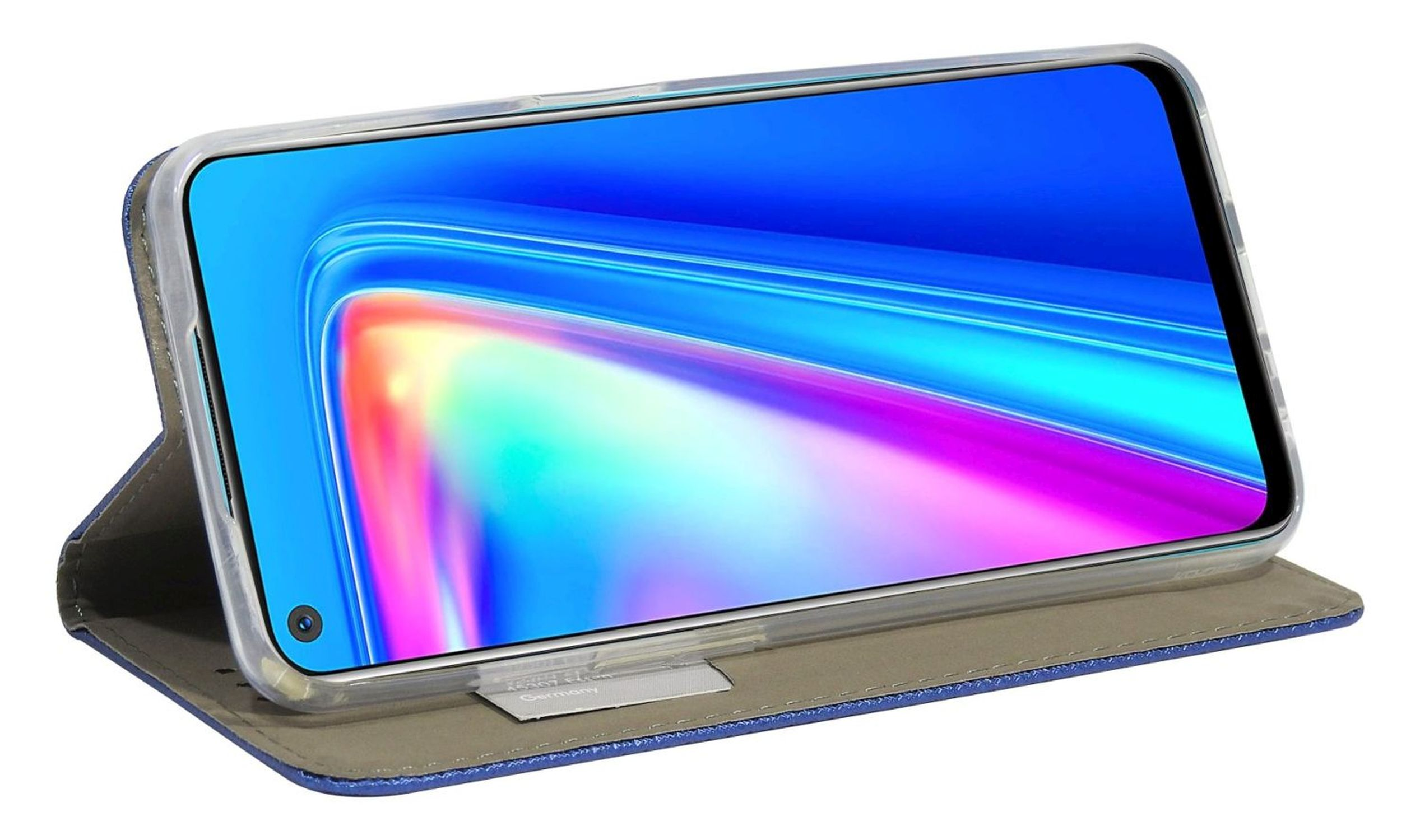 Ein Smartphone in einer blauen Lederhülle. Der Telefonbildschirm zeigt ein farbenfrohes Bild an.