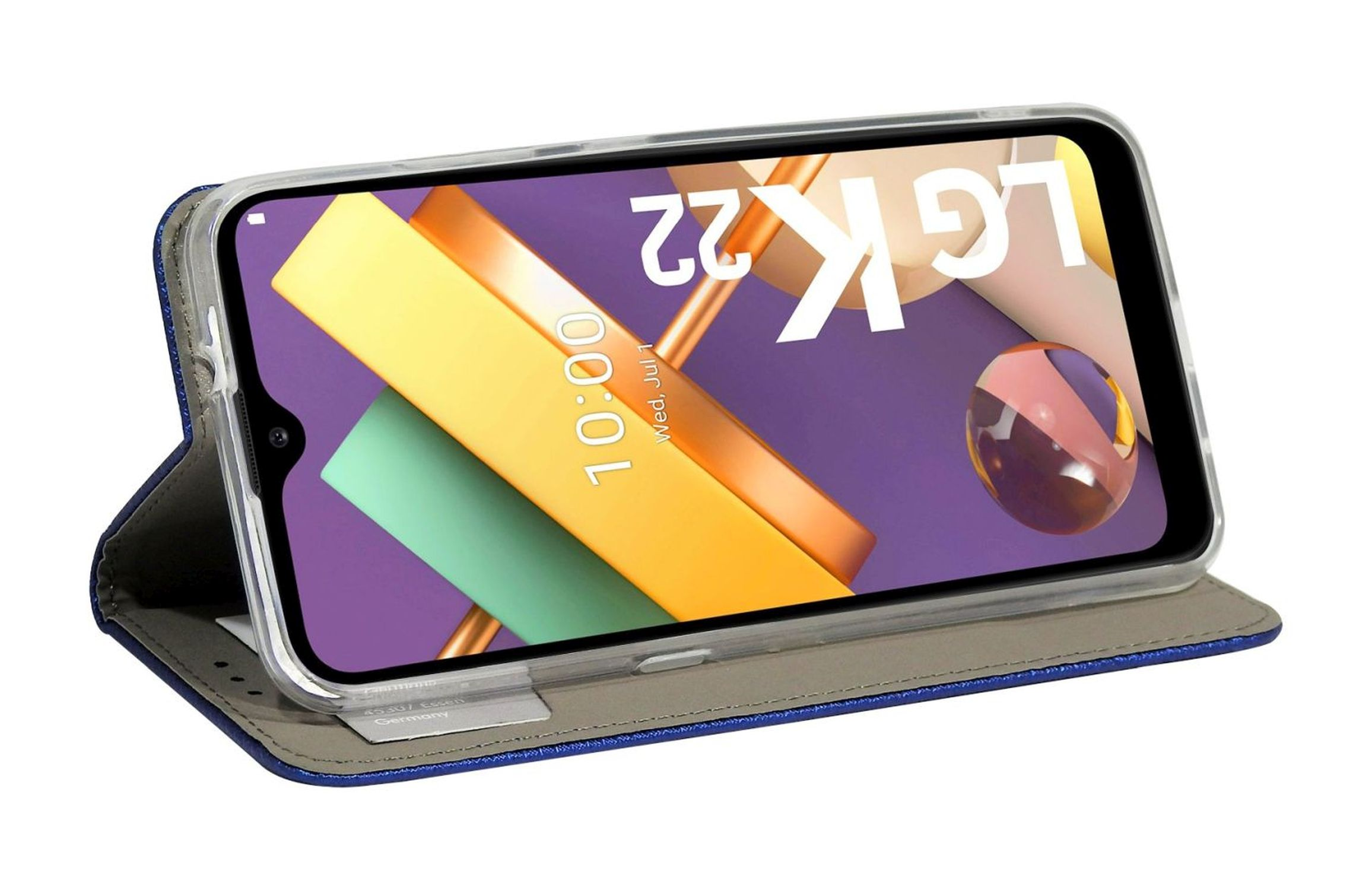 Blaue Handyhülle, geöffnet. LG K22 auf dem Display. Die Hülle ist auf weißem Hintergrund geöffnet.