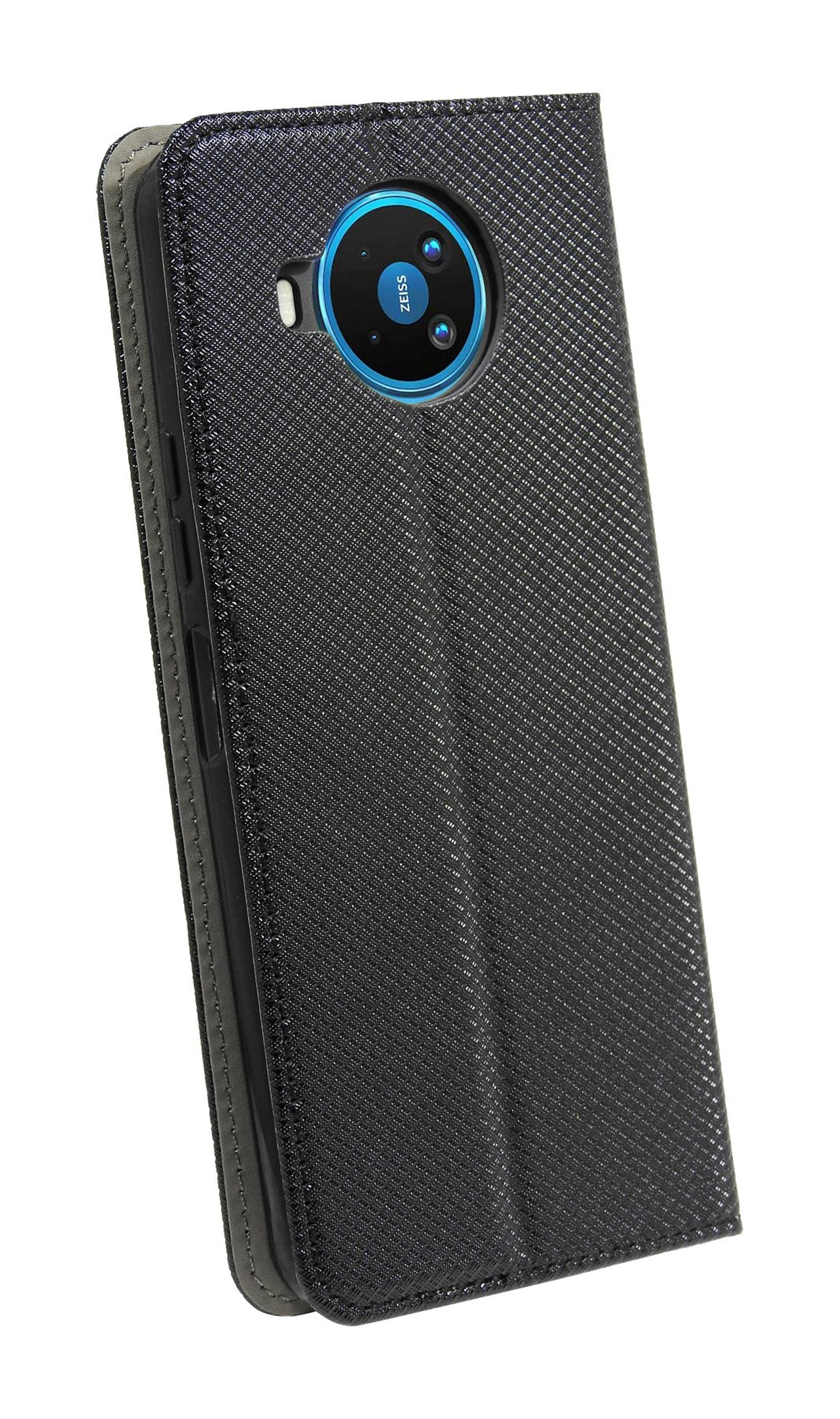 Schwarze Handyhülle, Telefon darin. Weißer Hintergrund.