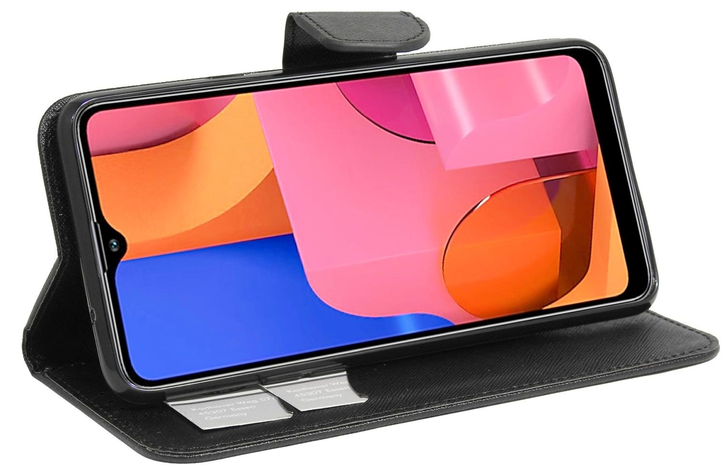 Schwarze Handyhülle mit einem Telefon, das ein farbenfrohes Bild zeigt. Die Hülle ist offen. Weißer Hintergrund.
