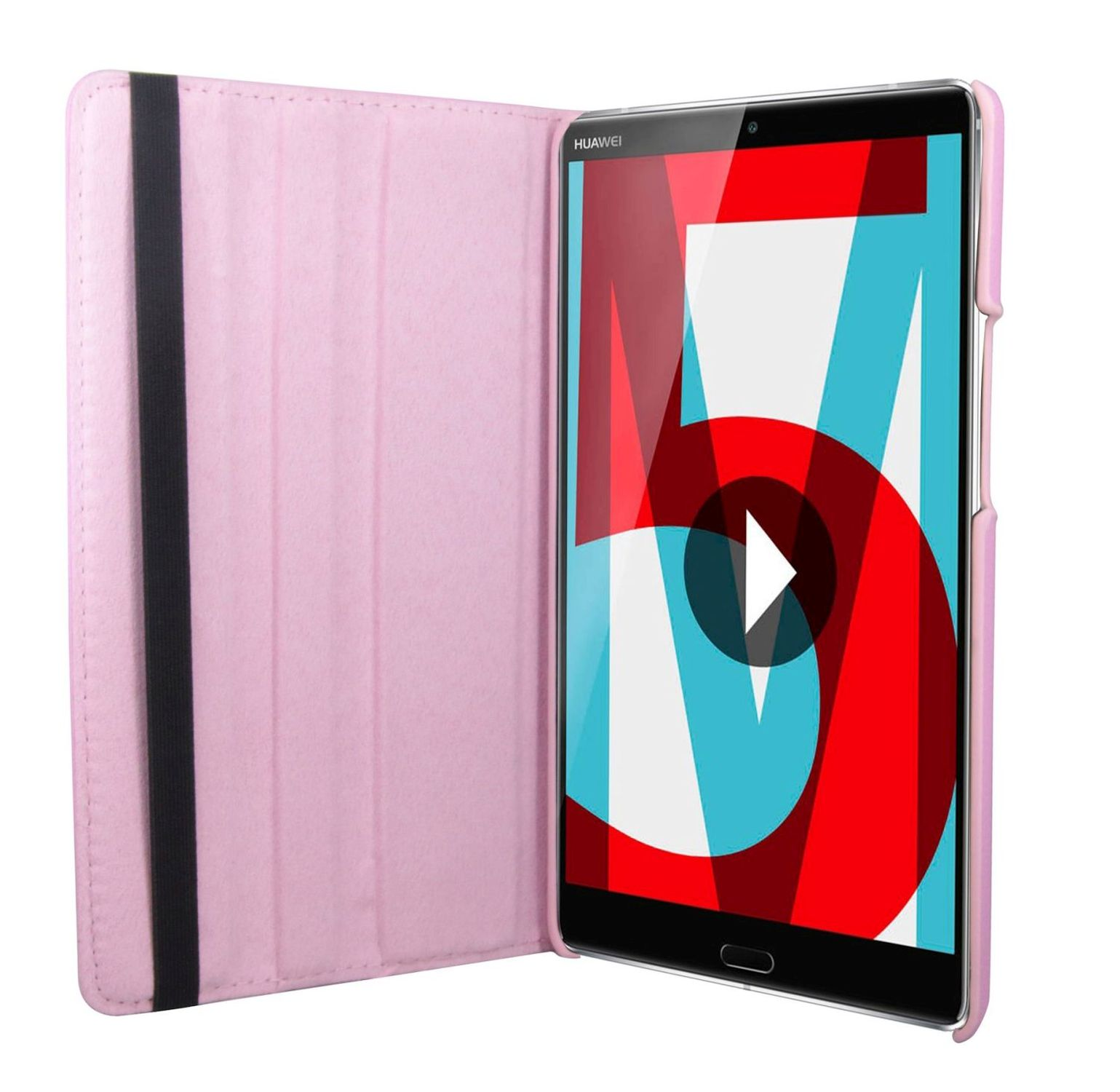 Rosa Tablet-Hülle offen, Tablet zeigt großes rot-blaues Design, schwarzer Riemen.