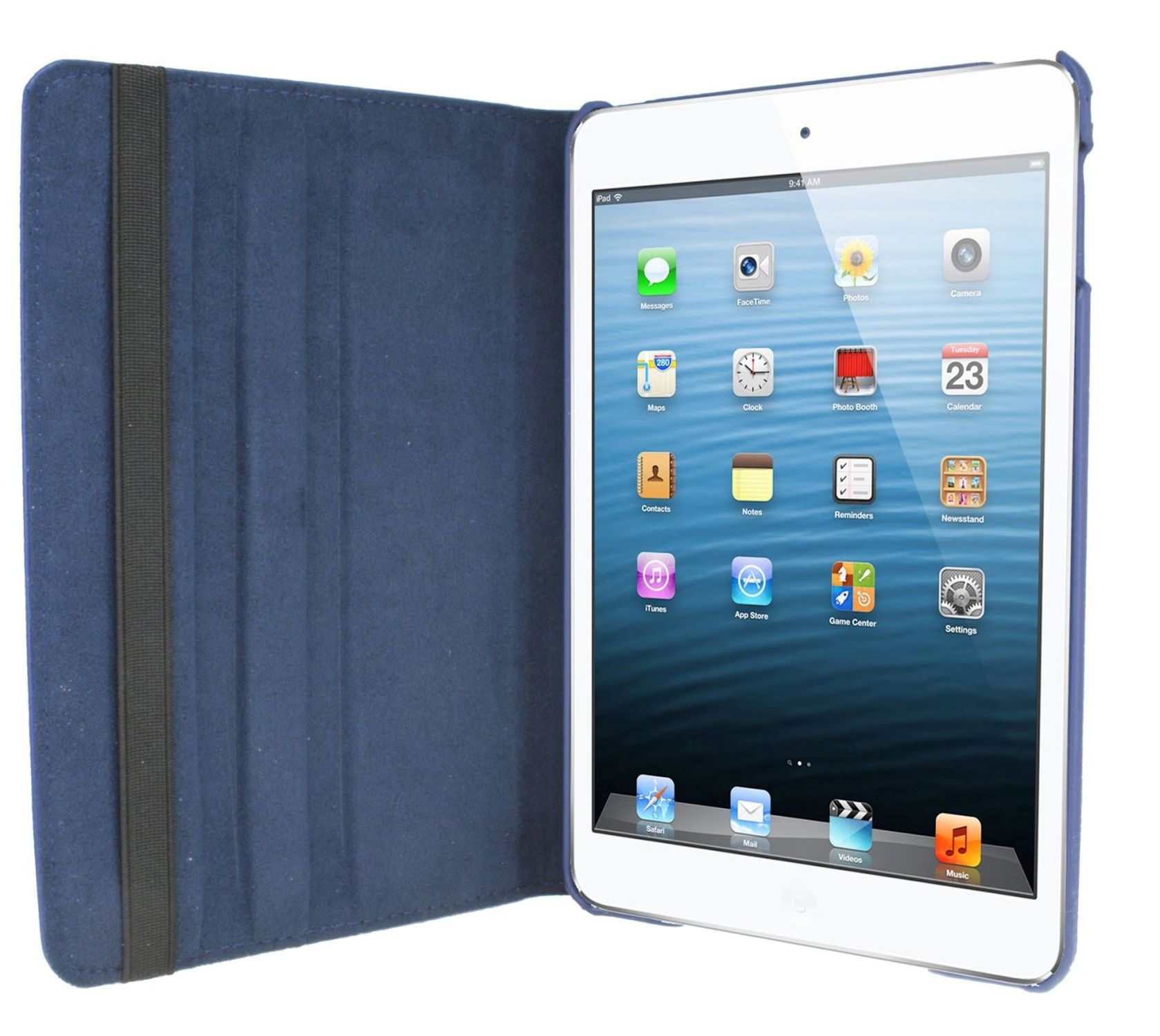 Ein iPad in einer blauen Hülle, dessen Bildschirm Apps zeigt. Die Hülle ist geöffnet.