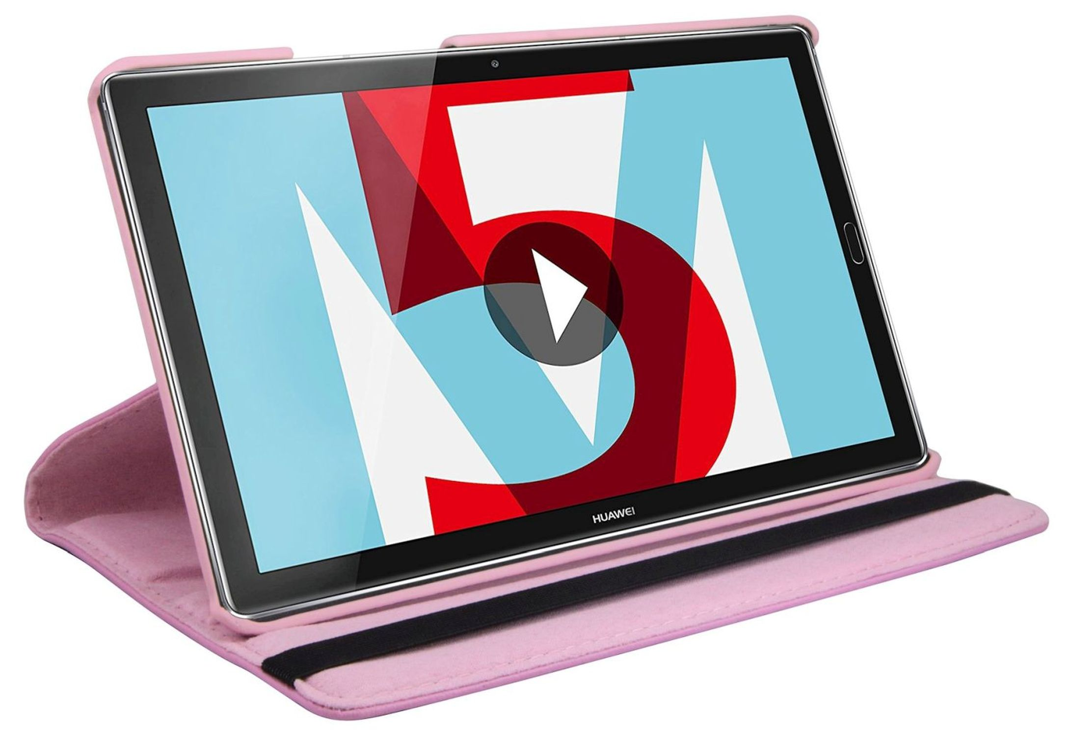 Rosa Tablet in einer Hülle mit Play-Button auf dem Bildschirm, auf weißem Hintergrund.
