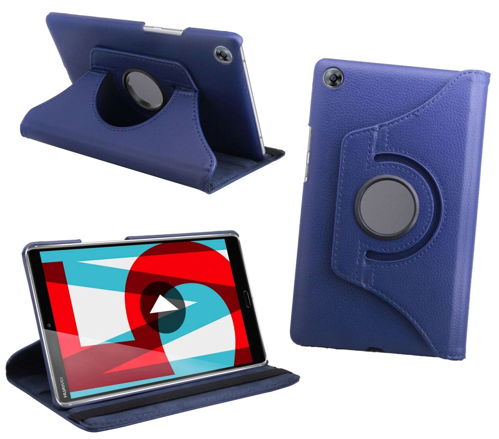 Blaue Tablet-Hülle mit drehbarem Ständer, Tablet mit Bildschirm.