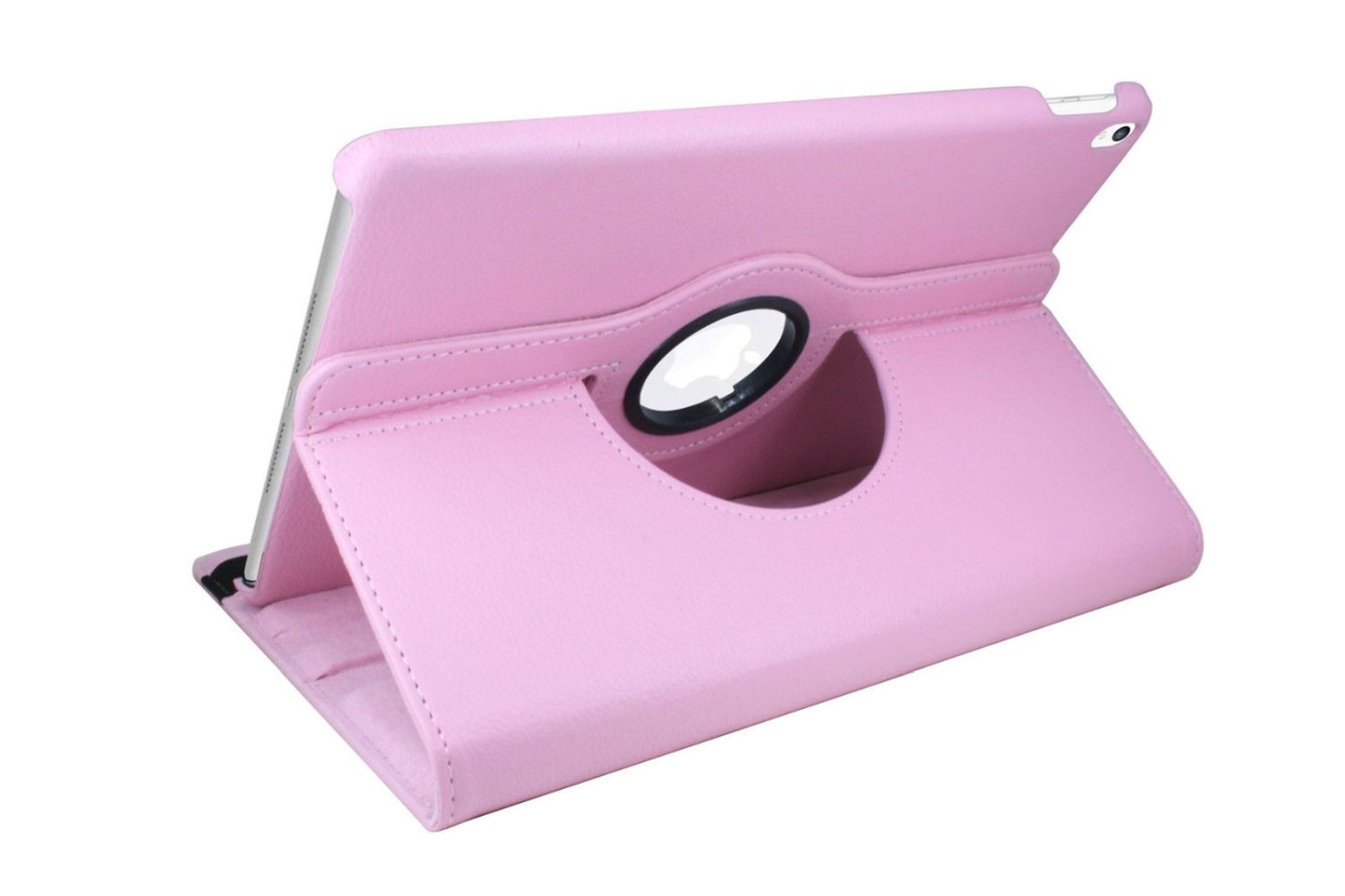 Eine pinke Tablethülle, geöffnet, zeigt ein Tablet, mit Drehmechanismus.