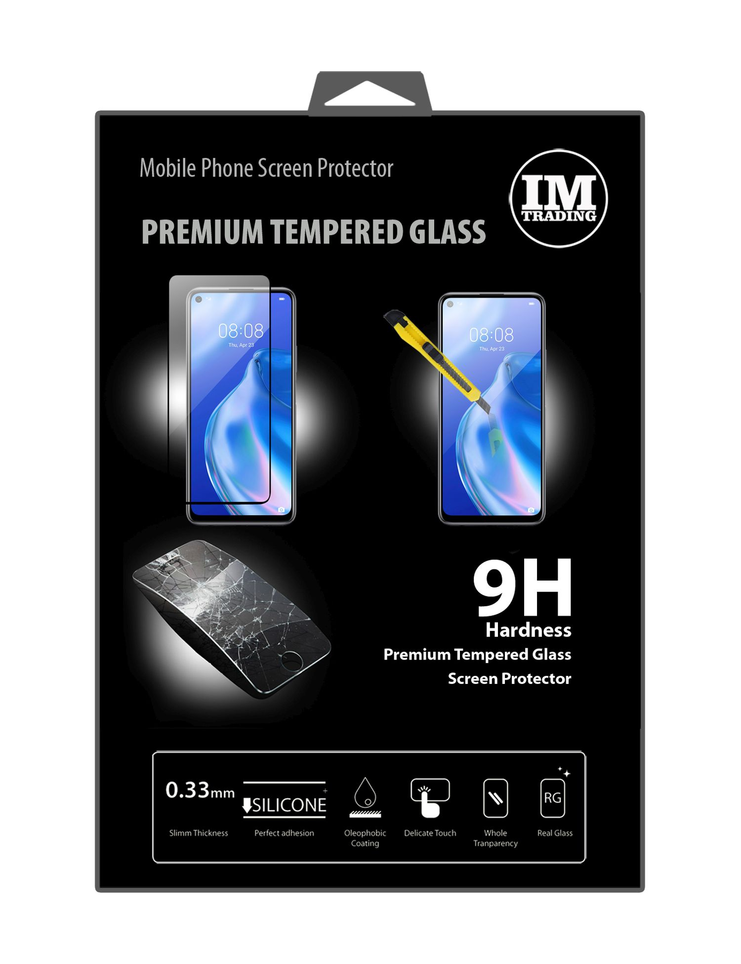 Eine Displayschutzfolienverpackung für Telefone, die ein Telefon und einen Schutz zeigt, mit Text und Symbolen.