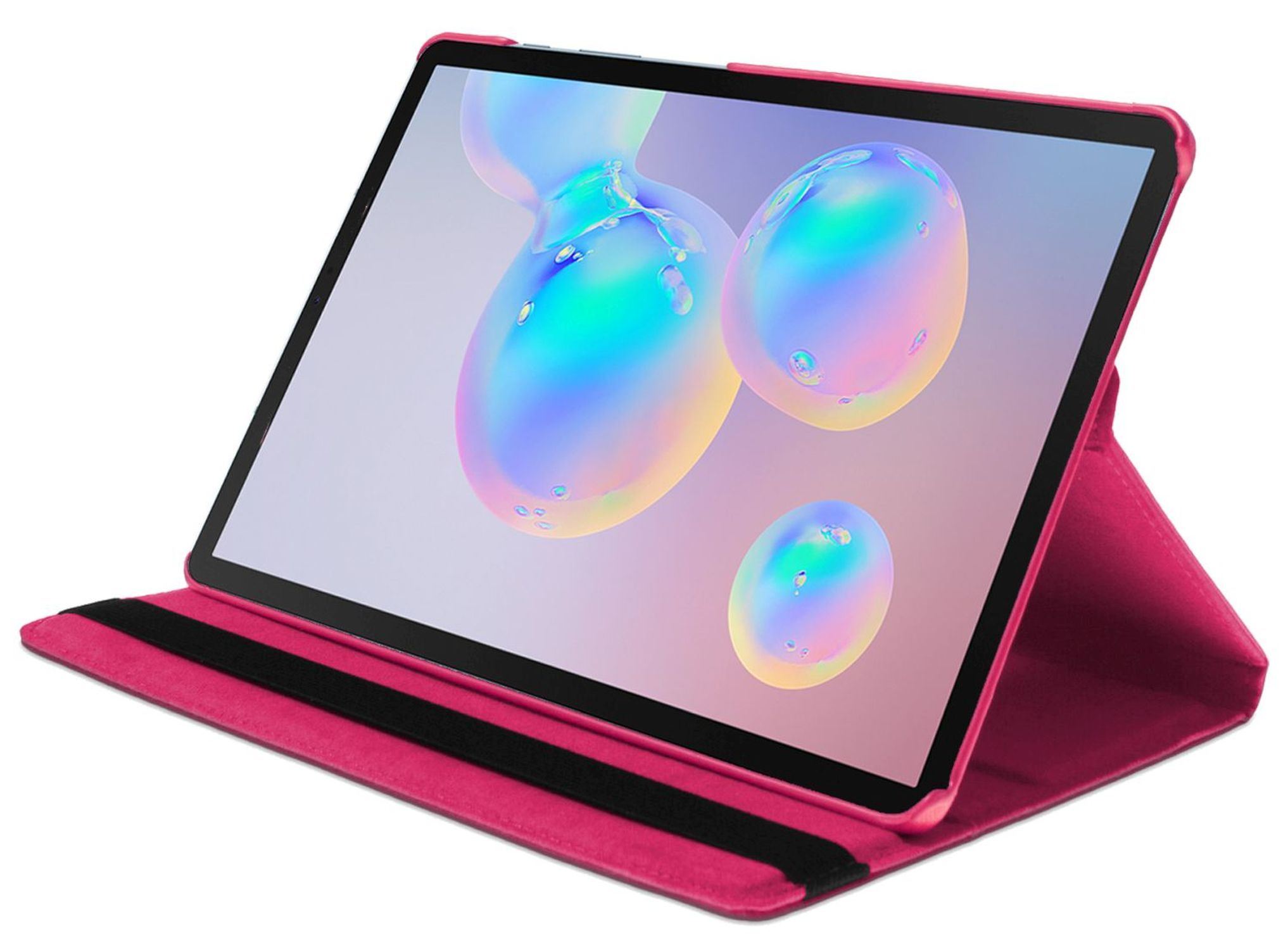 Pinkfarbene Tablethülle mit Tablet, das ein abstraktes Bild zeigt.