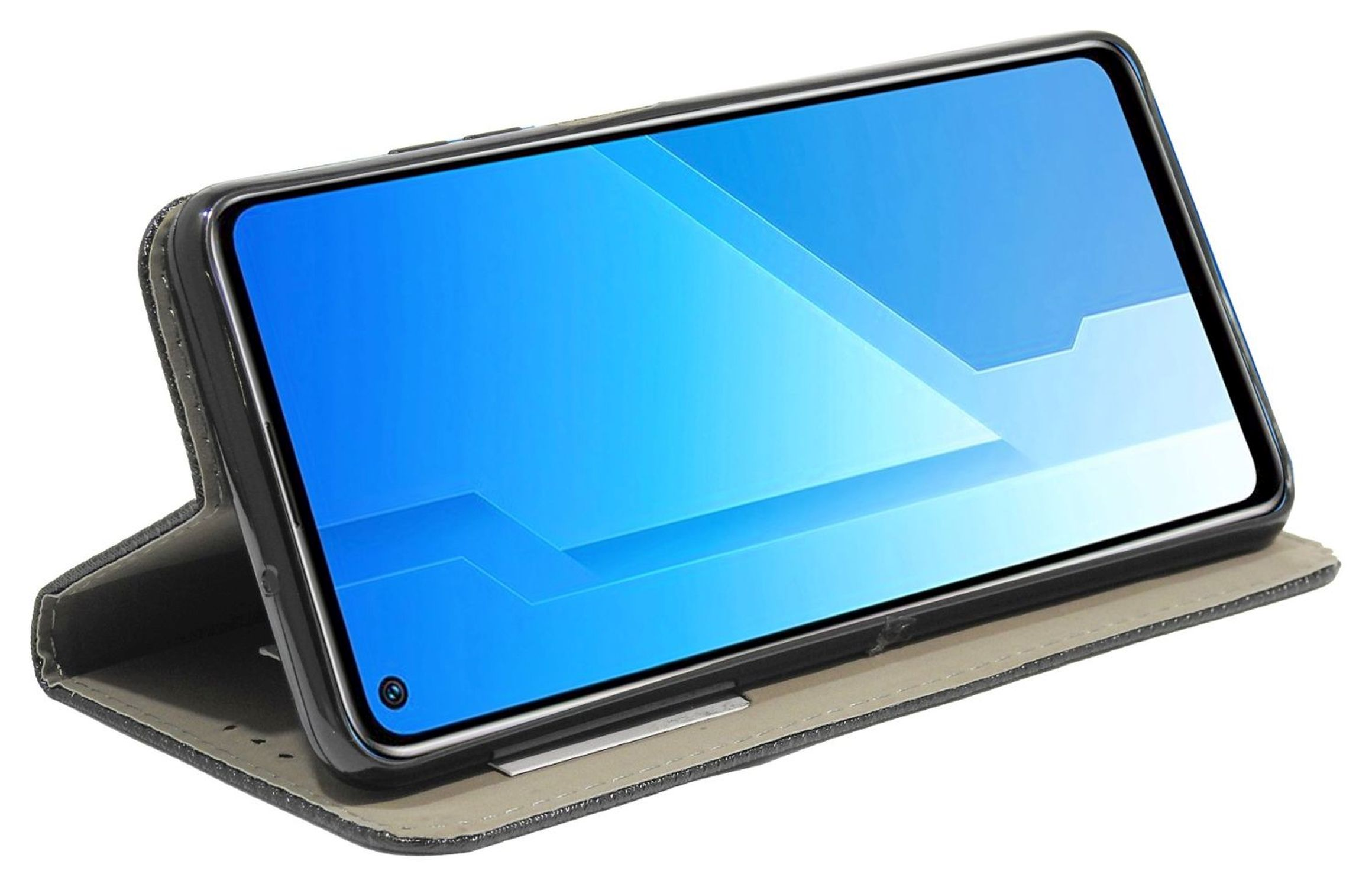 Telefon in geöffnetem Etui, blauen Bildschirm zeigend, auf weißem Hintergrund. Das Etui ist schwarz.
