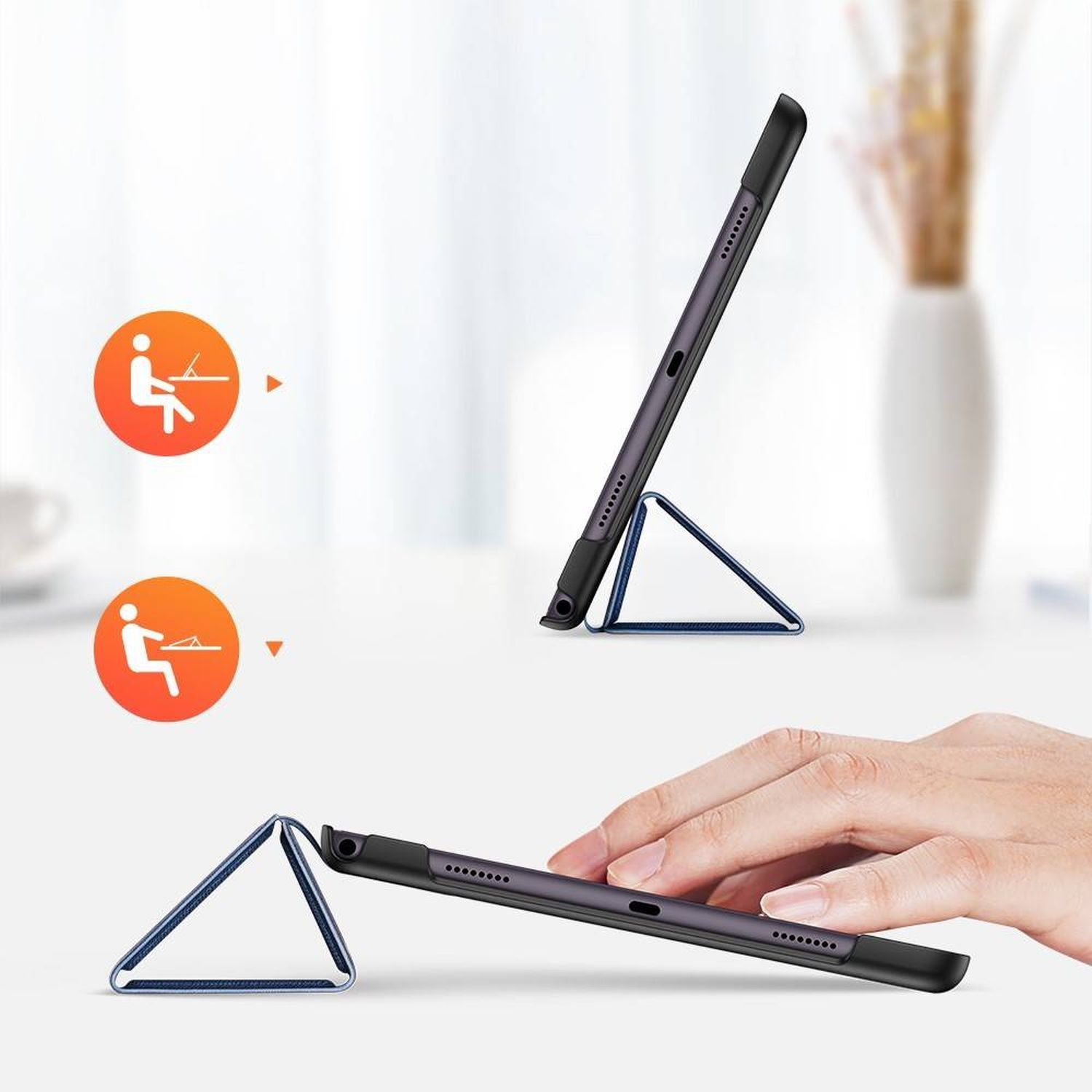 Tablet in einer Hülle, zeigt Standpositionen mit illustrativen Symbolen und eine Hand, die sie einstellt.