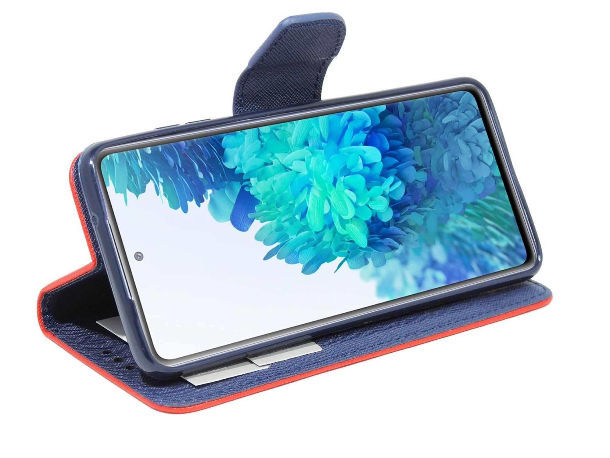 Smartphone in einer blau-roten Hülle. Der Bildschirm zeigt einen floralen Hintergrund.