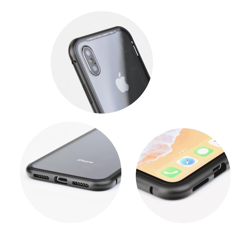 Nahaufnahme von Handyhüllen-Details. Zeigt verschiedene Winkel einer schwarzen Handyhülle um ein Telefon. Weißer Hintergrund.