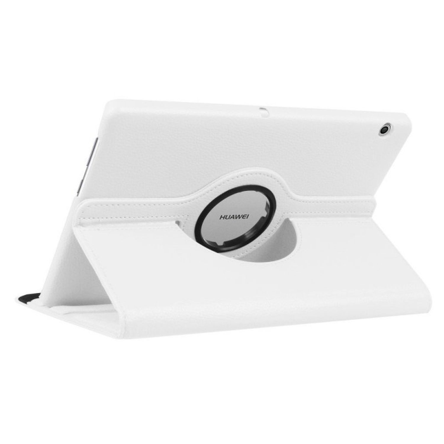 Eine weiße Tablet-Hülle mit einem drehbaren Ring. Sie ist geöffnet und zeigt die Rückseite des Tablets.