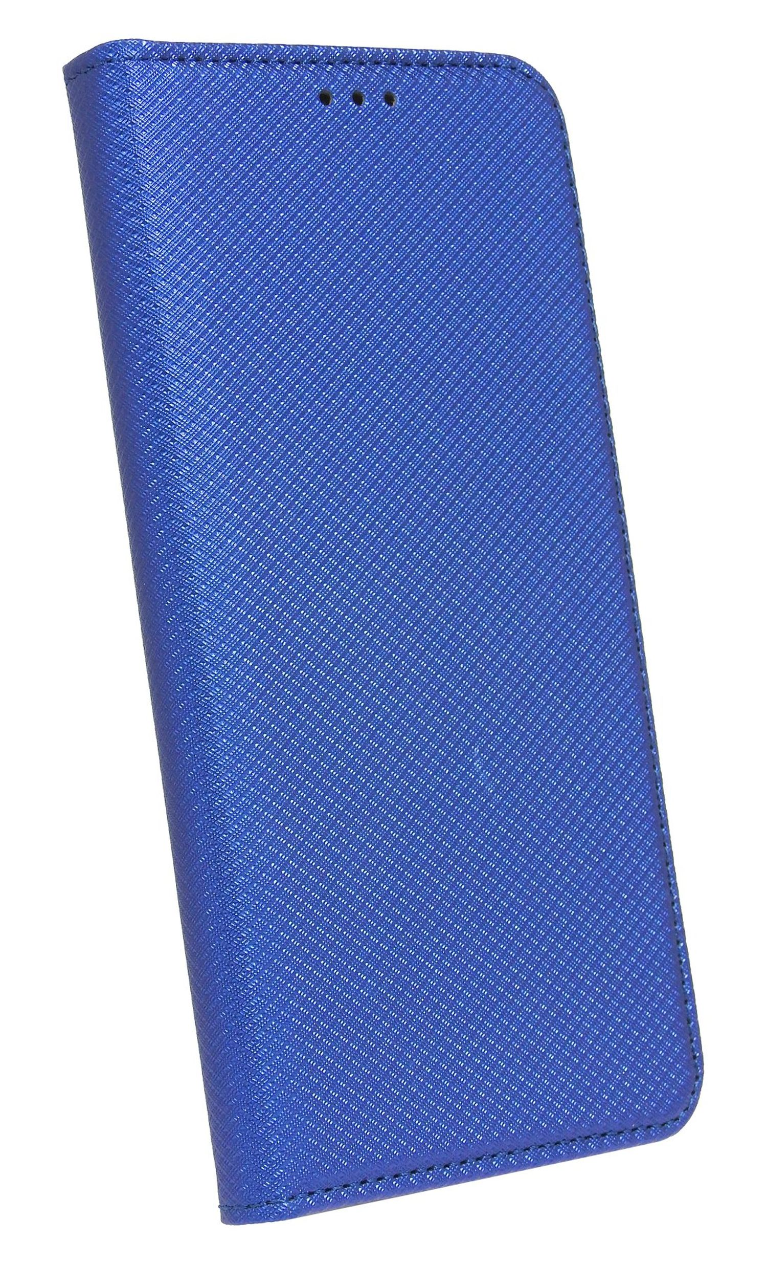 Eine blaue Leder-Handyhülle, geschlossen. Es hat ein strukturiertes Muster.
