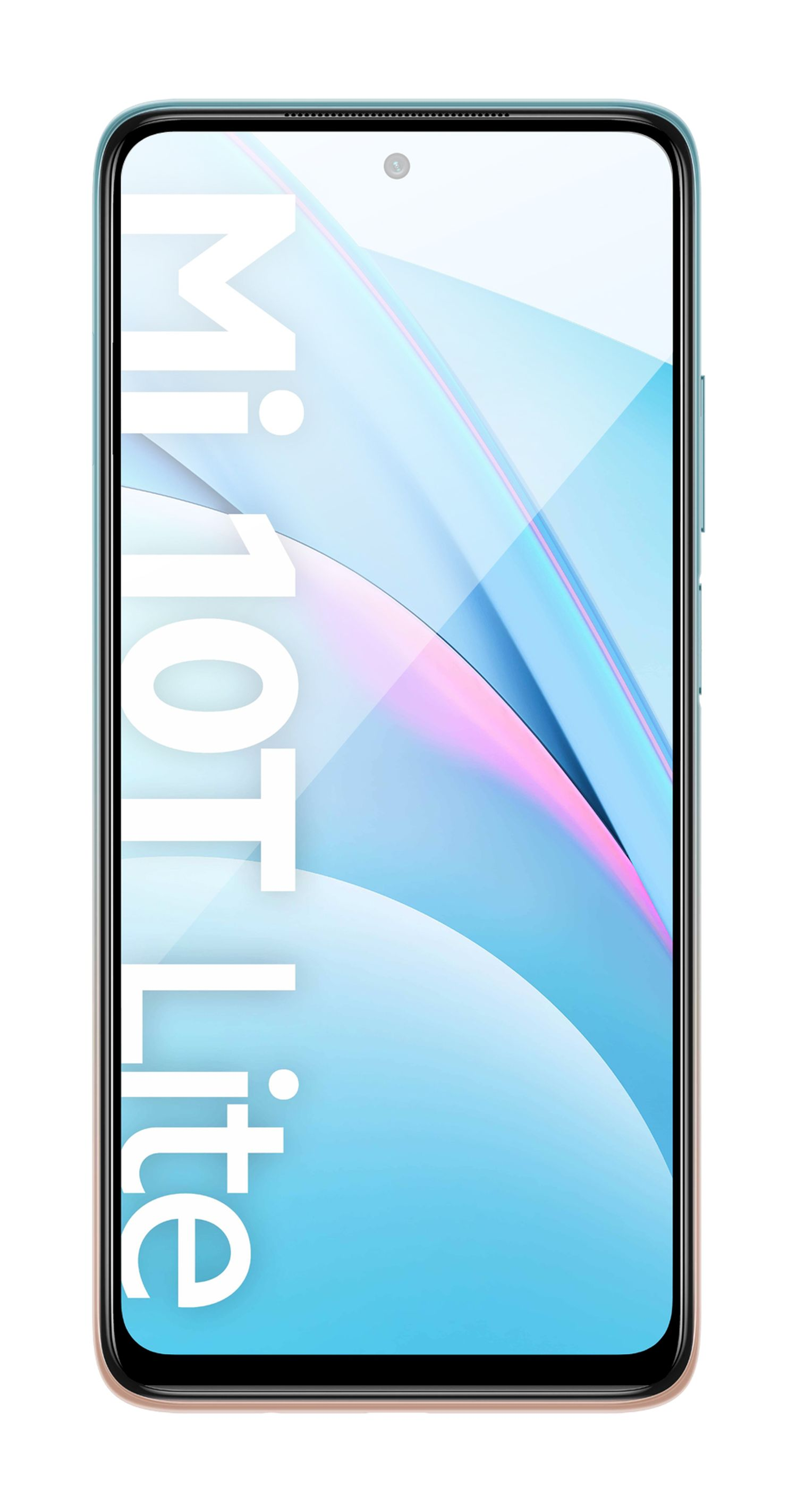 Ein hellblaues Smartphone mit der Aufschrift 'Mi 10T Lite' auf dem Bildschirm, weißer Hintergrund.