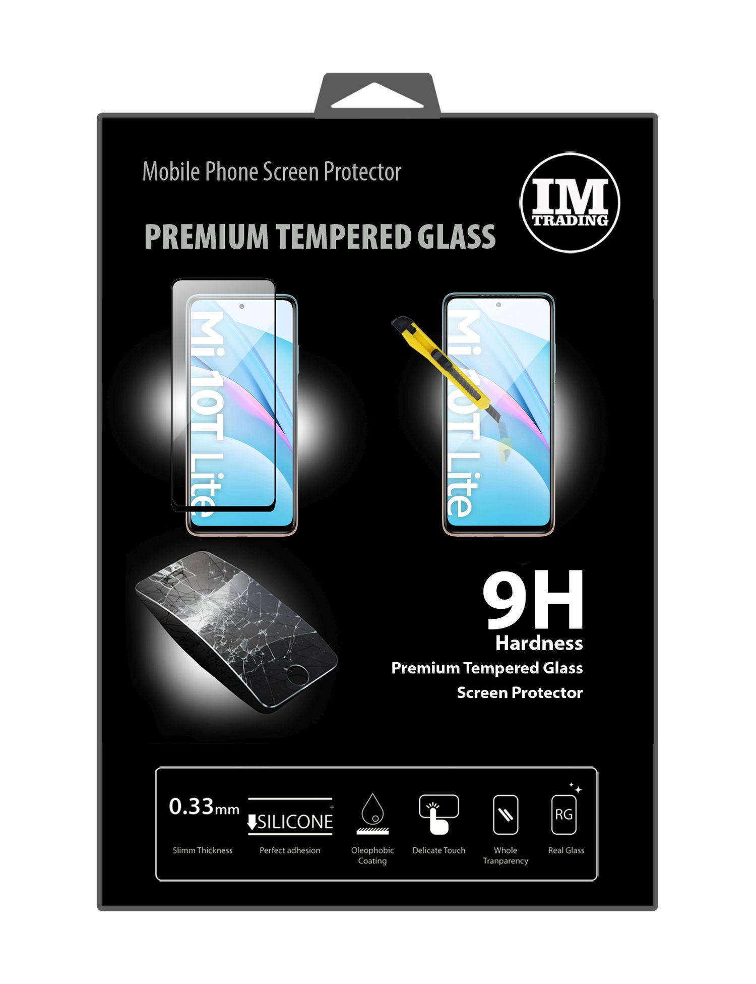 Eine schwarze Box mit Displayschutz, Telefonbildern und Text zum Produkt.