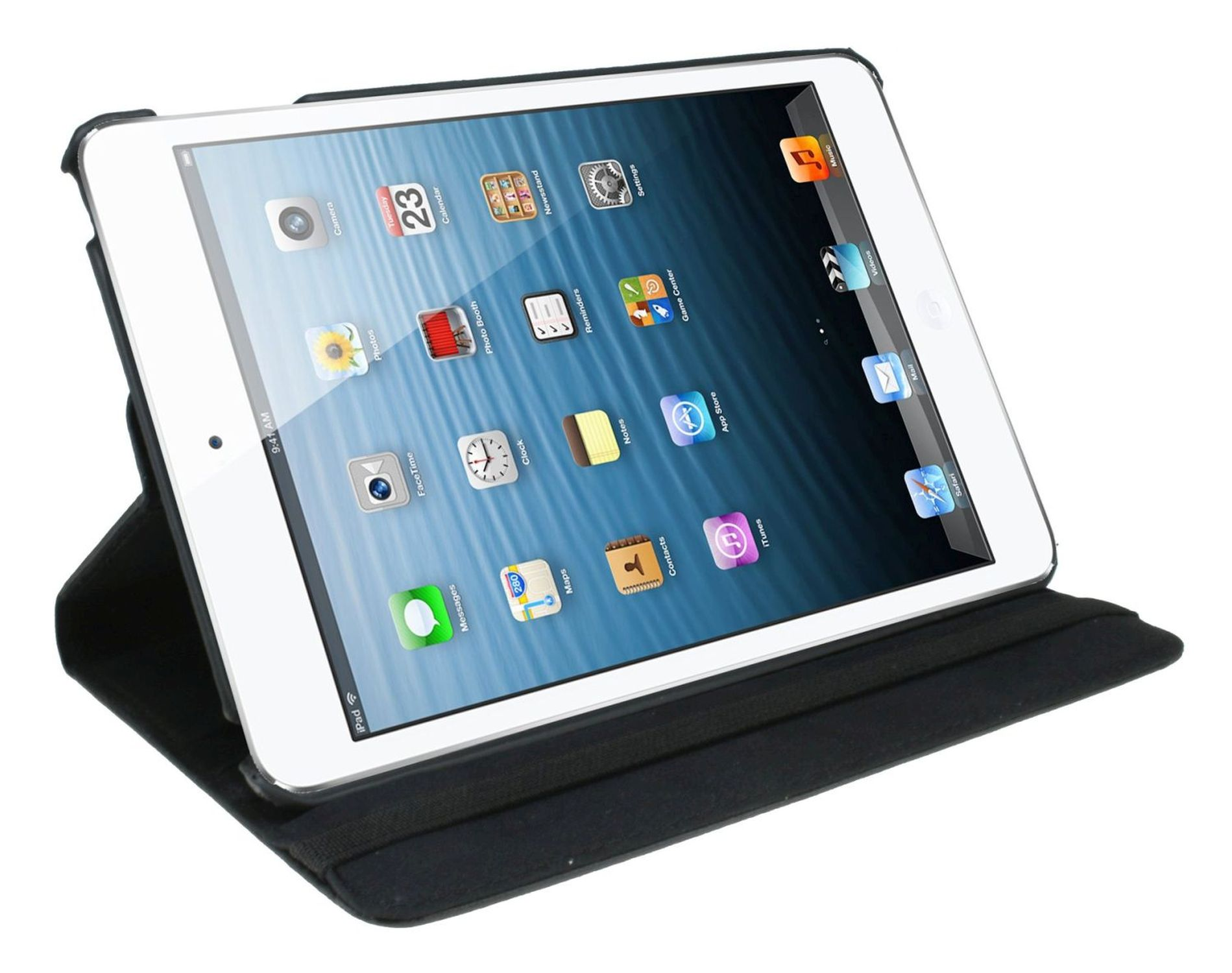 Weißes Tablet in schwarzem Case, geöffnet auf weißem Hintergrund. Bildschirm zeigt App-Symbole.
