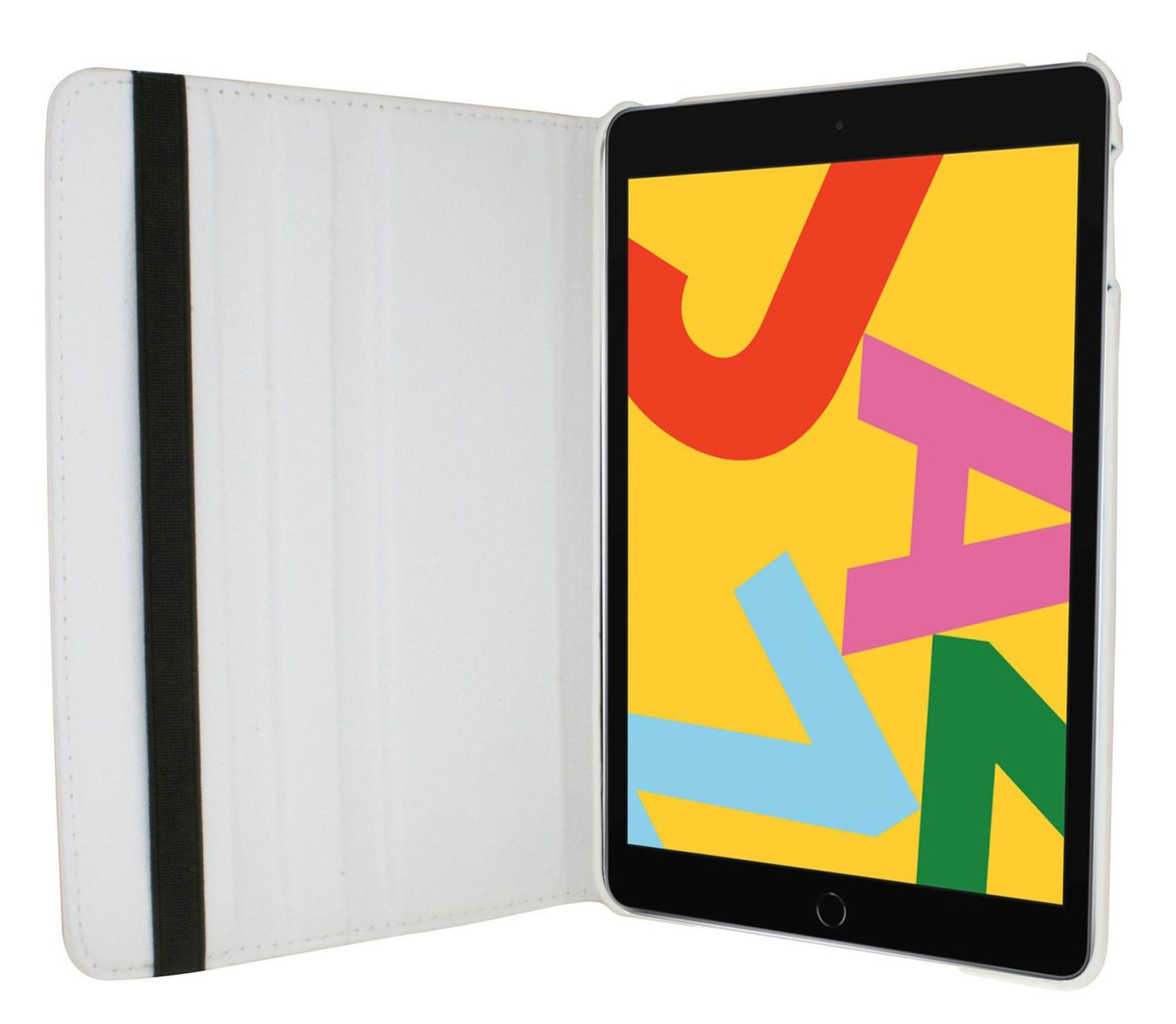 Tablet in weißem Gehäuse, das ein farbenfrohes Bild zeigt. Das Gehäuse ist geöffnet.