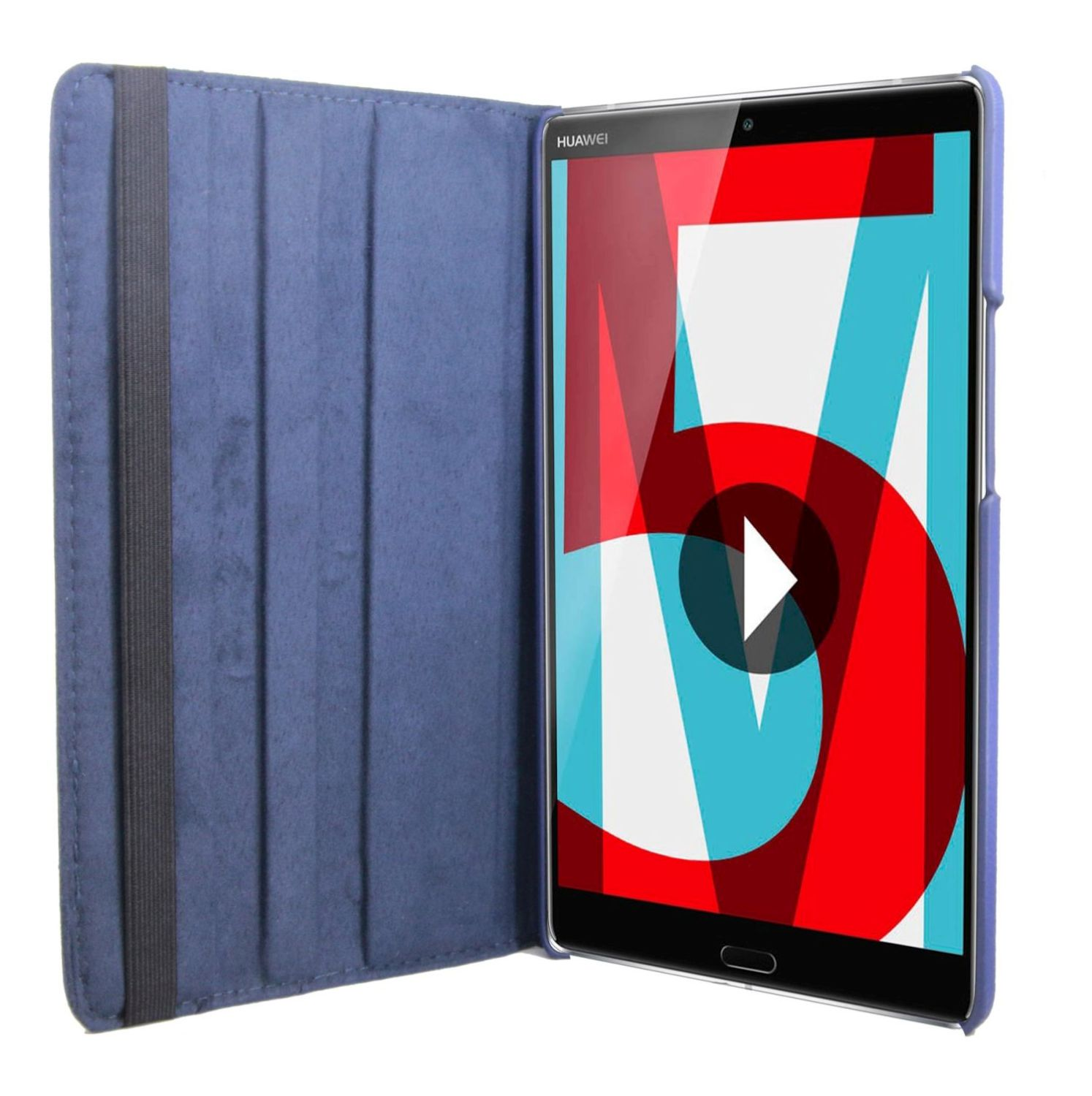 Tablet in blauem Gehäuse, geöffnet, um den Bildschirm anzuzeigen. Grafiken mit Play-Symbol.