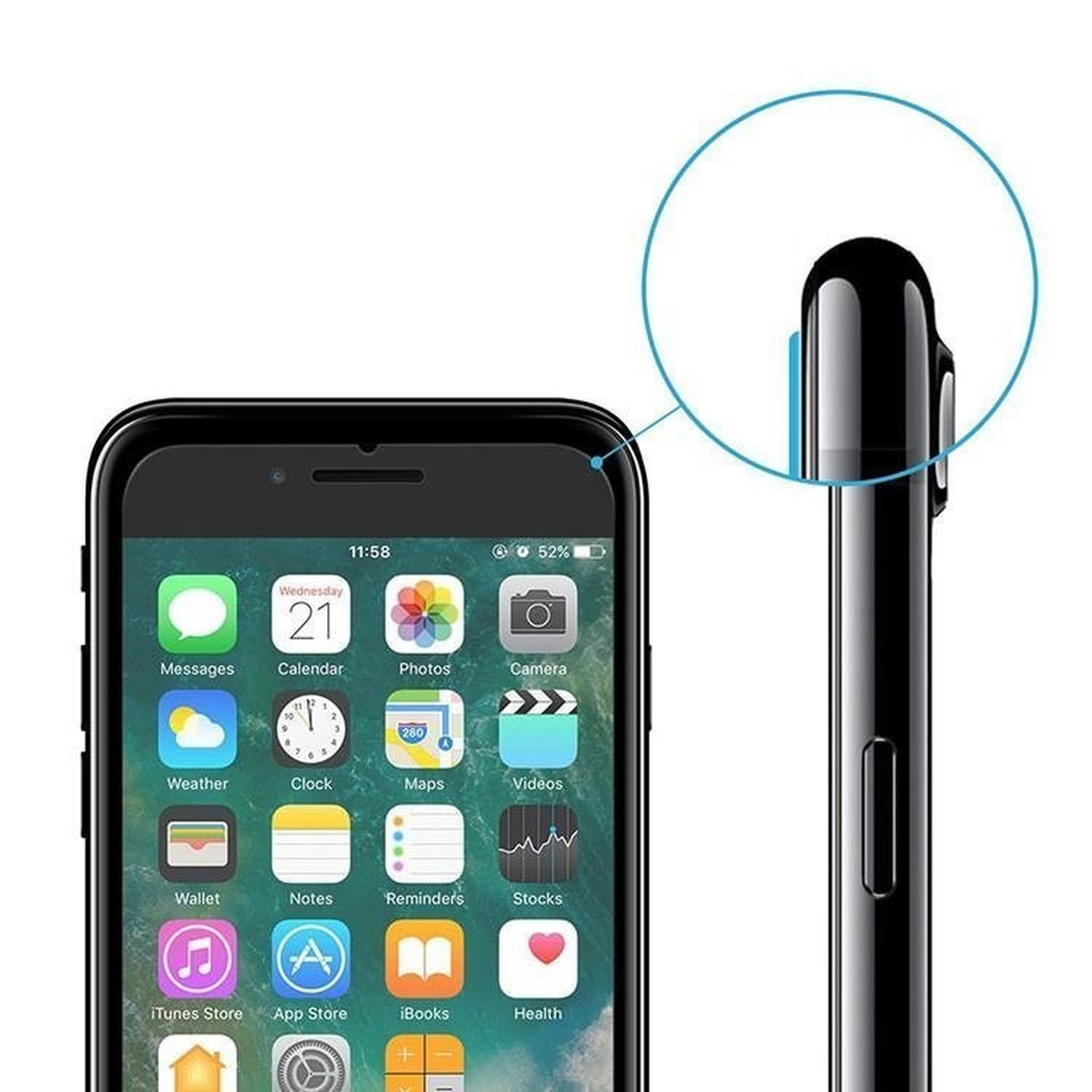 Schwarzes iPhone mit Symbolen, Uhrzeit und Akku. Ein kreisförmiges Detail zeigt die Seite mit einer Taste.
