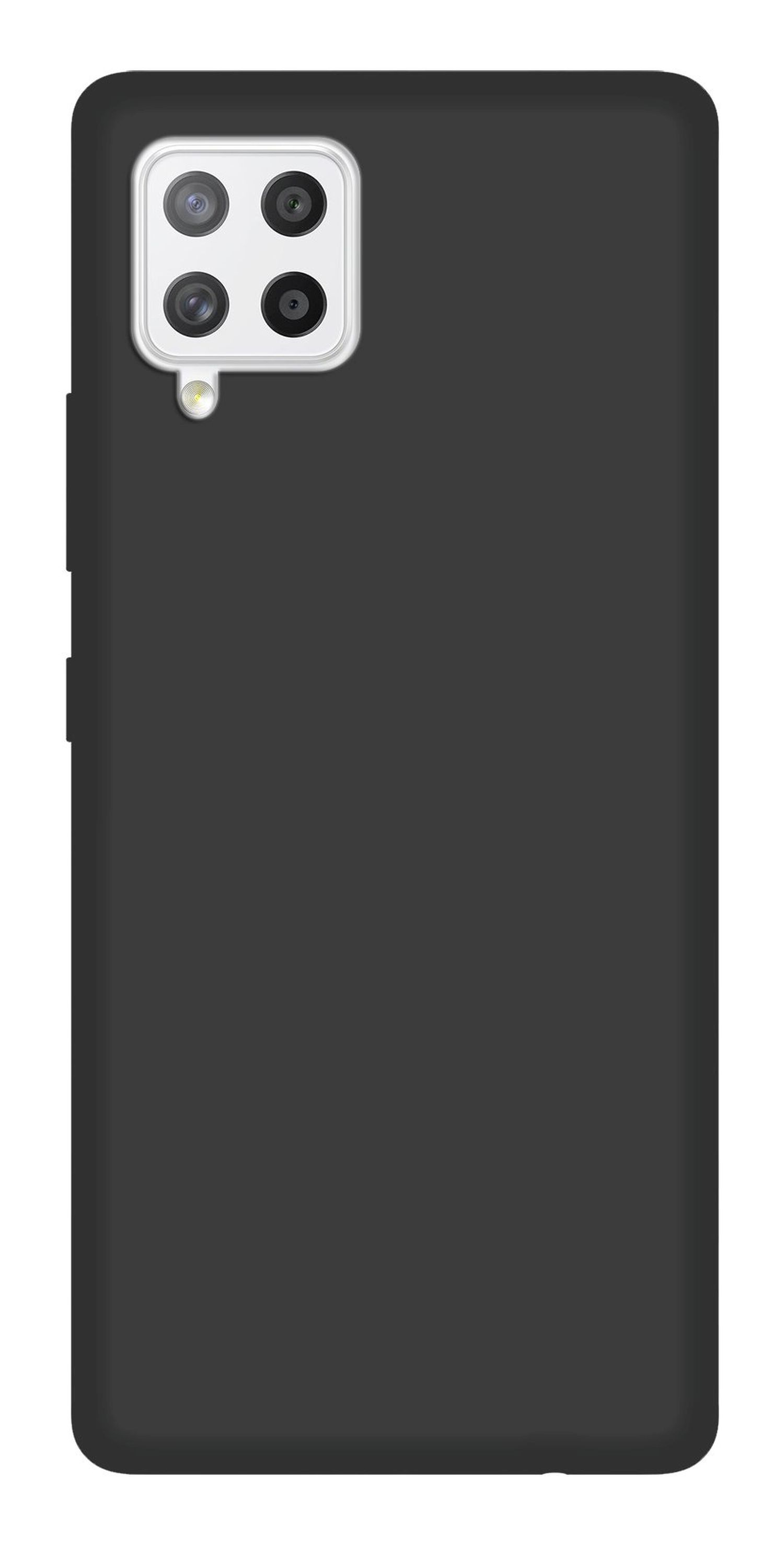 Eine schwarze Handyhülle mit Kameramodul. Die Hülle befindet sich auf einem schwarzen Telefon. Vier Kameralinsen sind sichtbar.