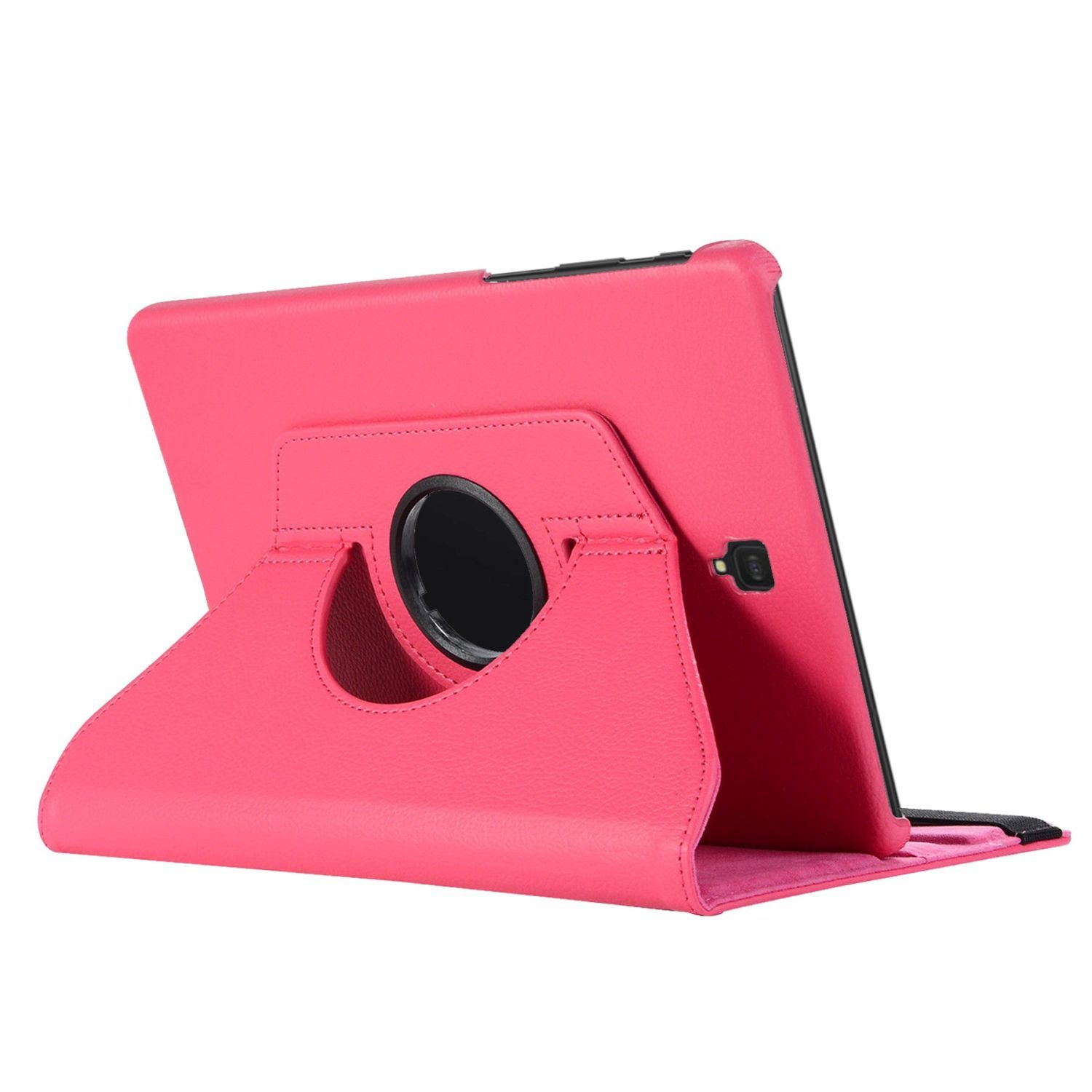 Eine rosa Tablet-Hülle mit Drehmechanismus. Die Hülle ist geöffnet und zeigt das Tablet im Inneren.
