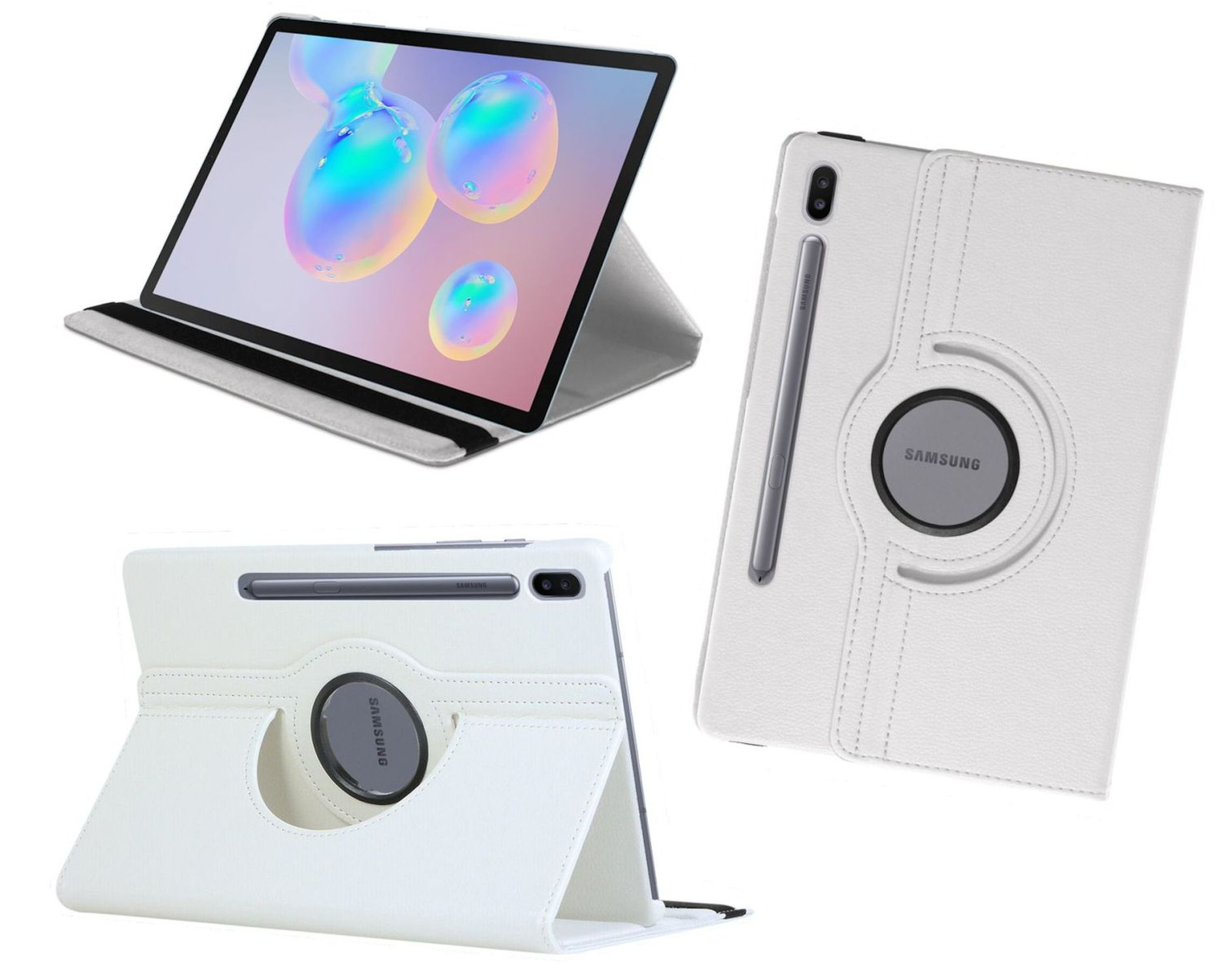 Tablet in weißem Gehäuse, drehbar. Drei Ansichten: vorne mit Stift, hinten und Seite mit Ständer.