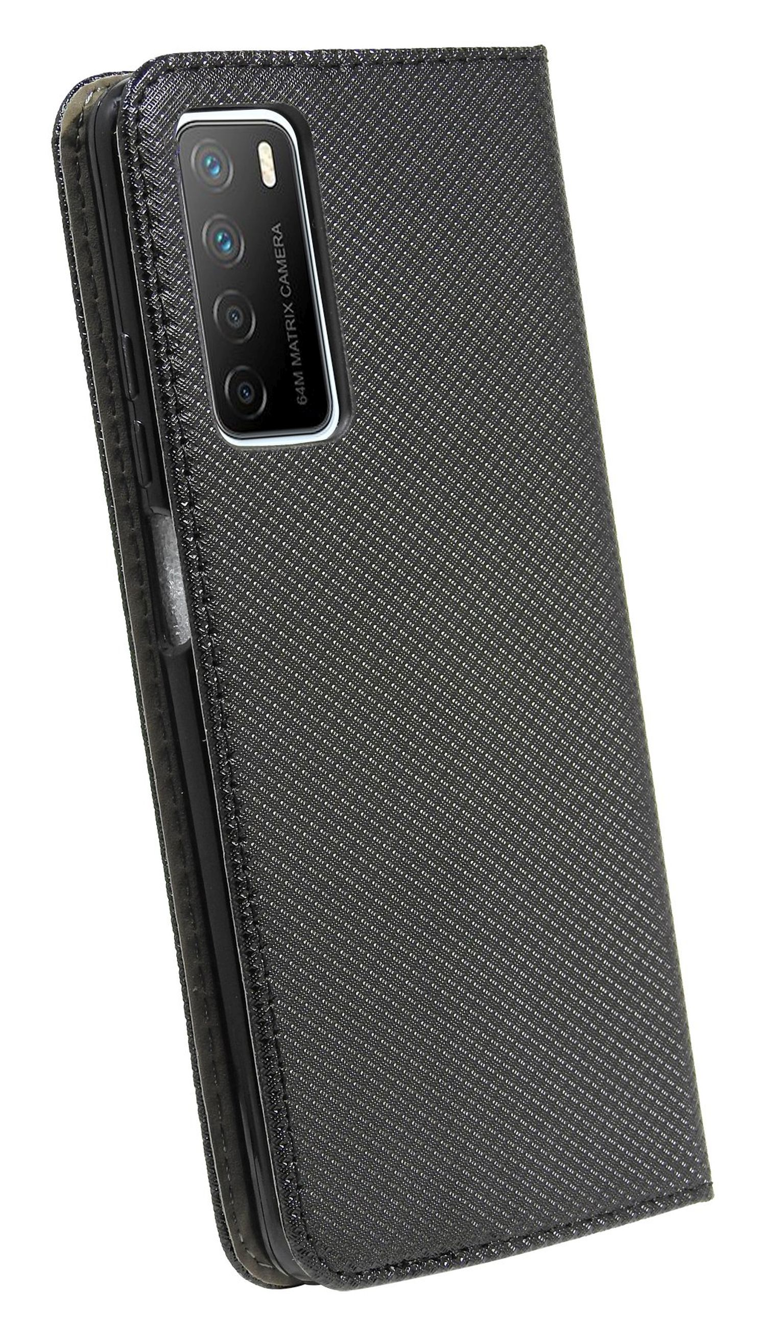 Eine geschlossene schwarze Telefonhülle mit strukturiertem Muster. Die Rückseite zeigt ein Kameramodul mit dem Text 64M Matrix Camera.
