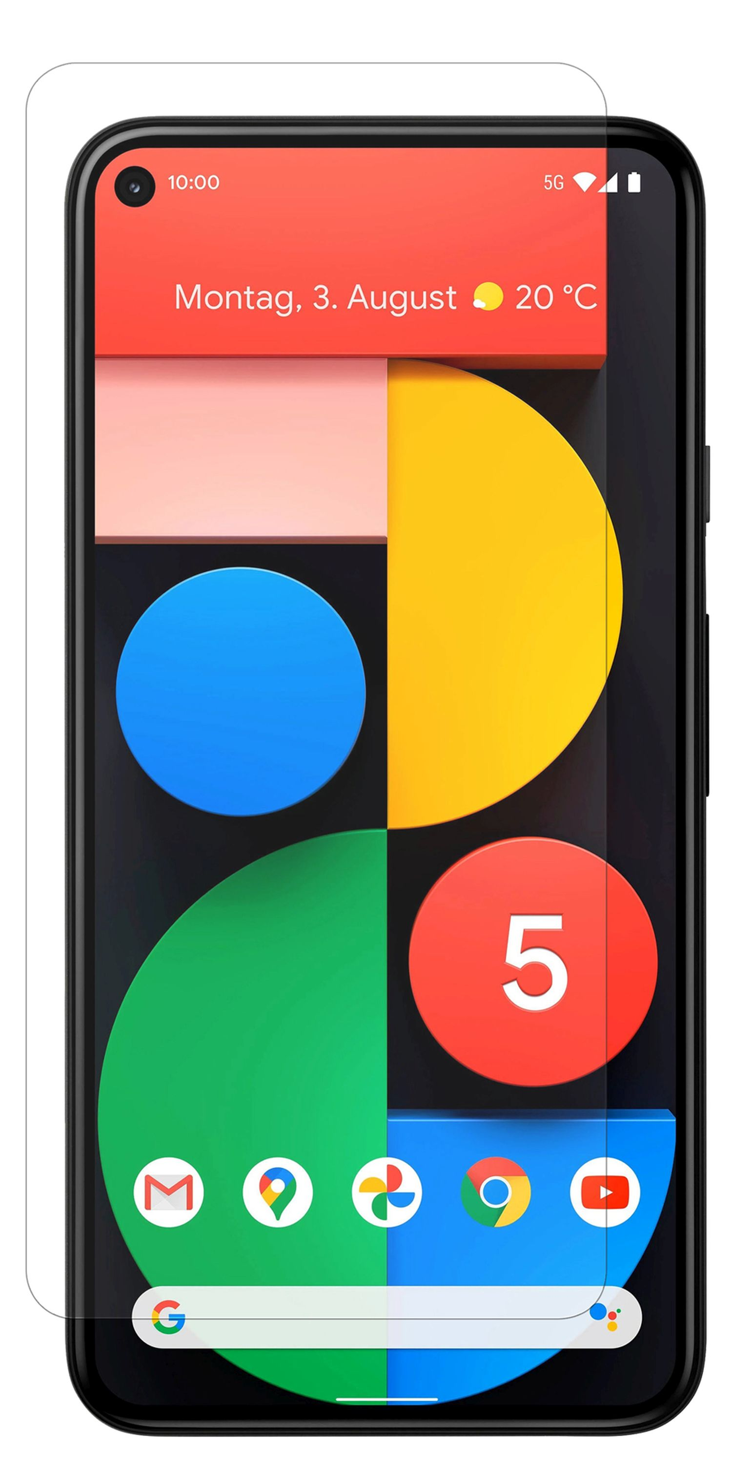 Telefonbildschirm mit Displayschutz. Der Bildschirm zeigt bunte Widgets und das Datum an.