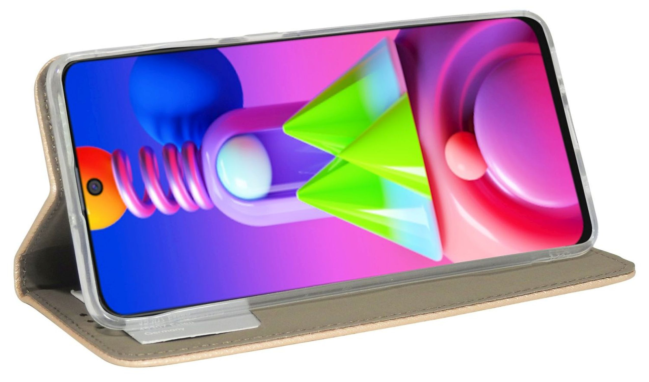 Telefon im Gehäuse, Bildschirm zeigt abstrakte Kunst. Hintergrund ist pink und lila.