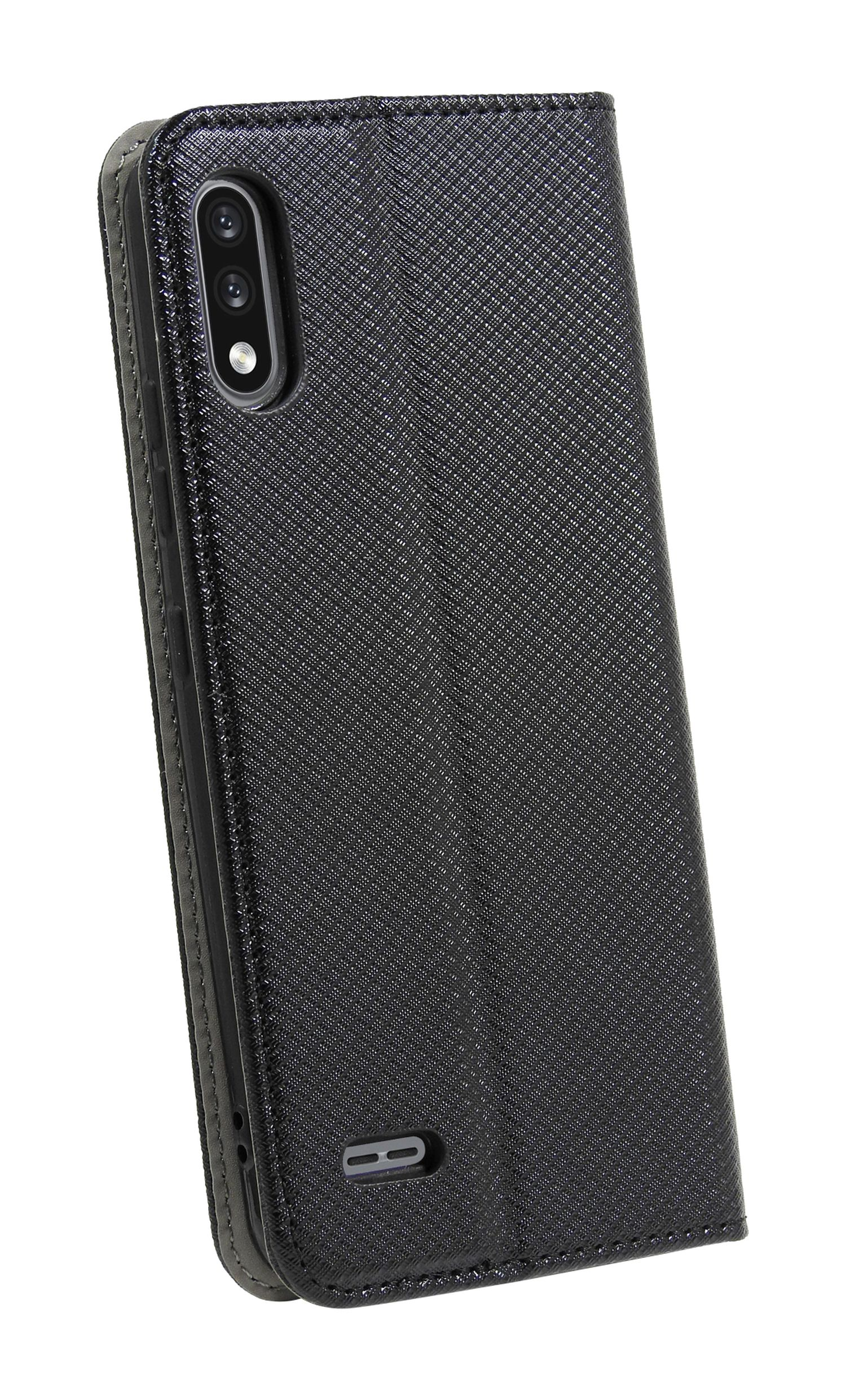 Eine schwarze Handyhülle mit strukturierter Oberfläche, Kamera und gefaltetem Cover. Der Hintergrund ist weiß.