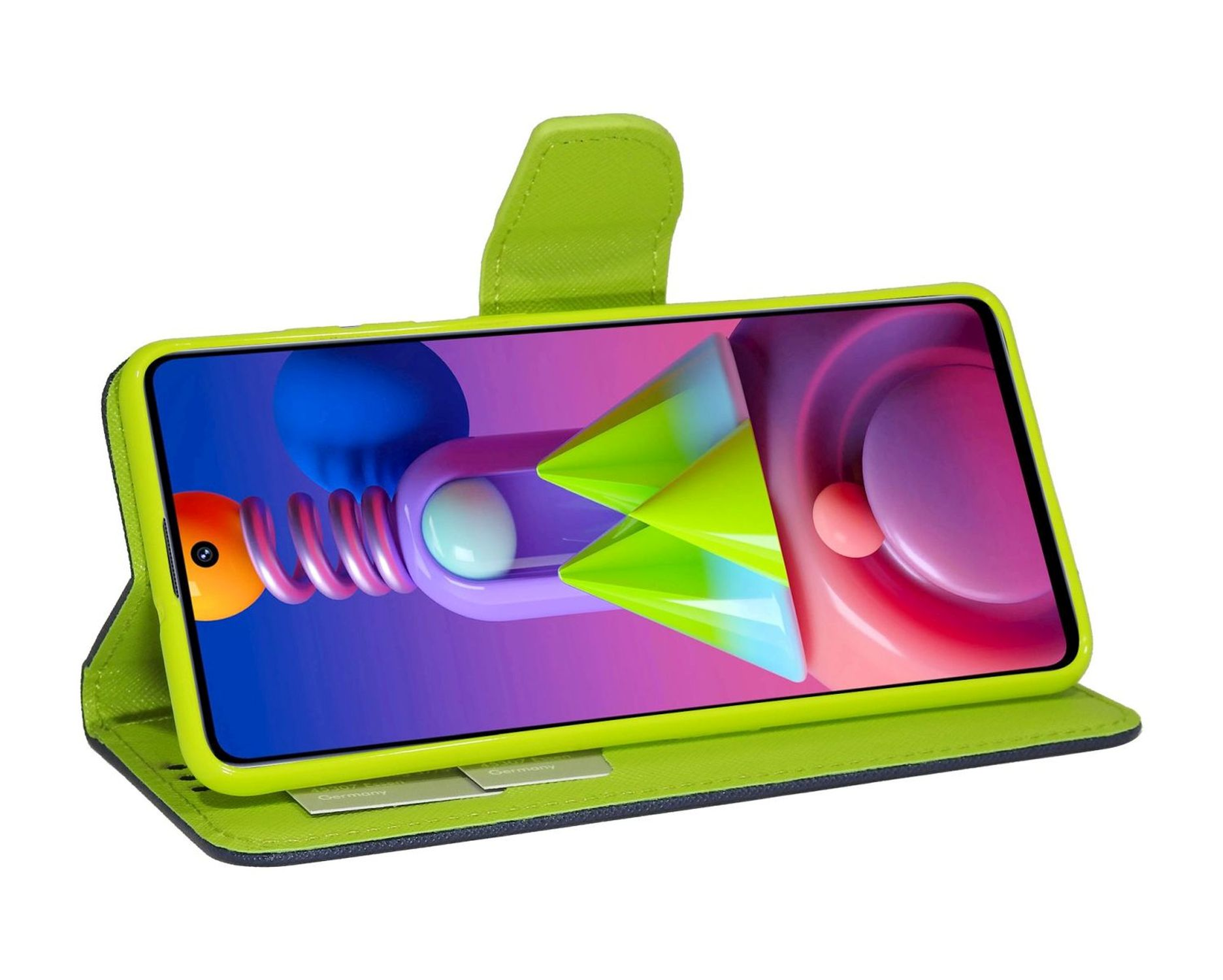 Grüne Handyhülle mit einem Telefon, das bunte abstrakte Formen anzeigt.