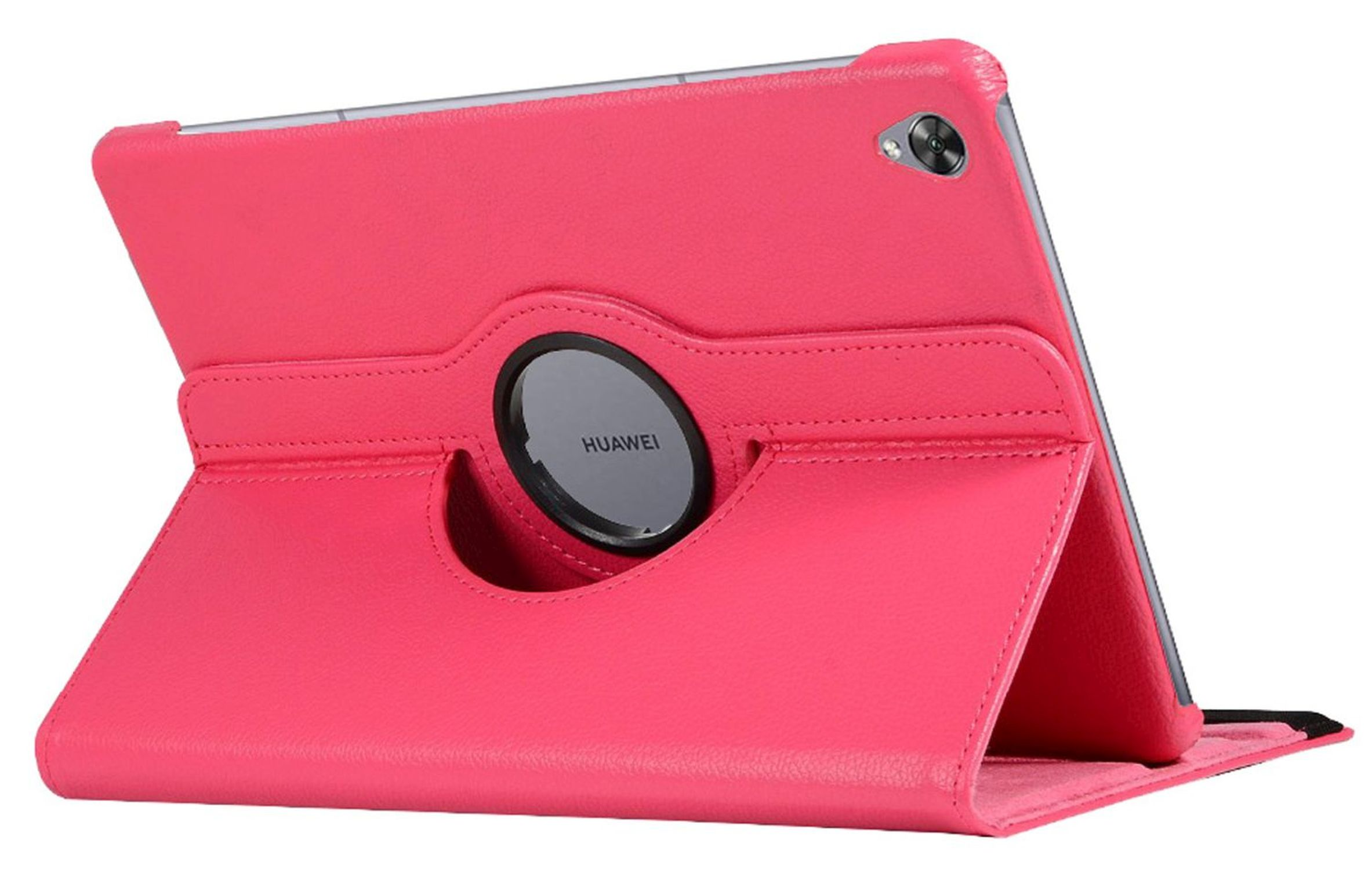 Rosa Huawei-Tablet in einer drehbaren Hülle. Hülle hat einen runden Halter und einen Ständer. Weißer Hintergrund.