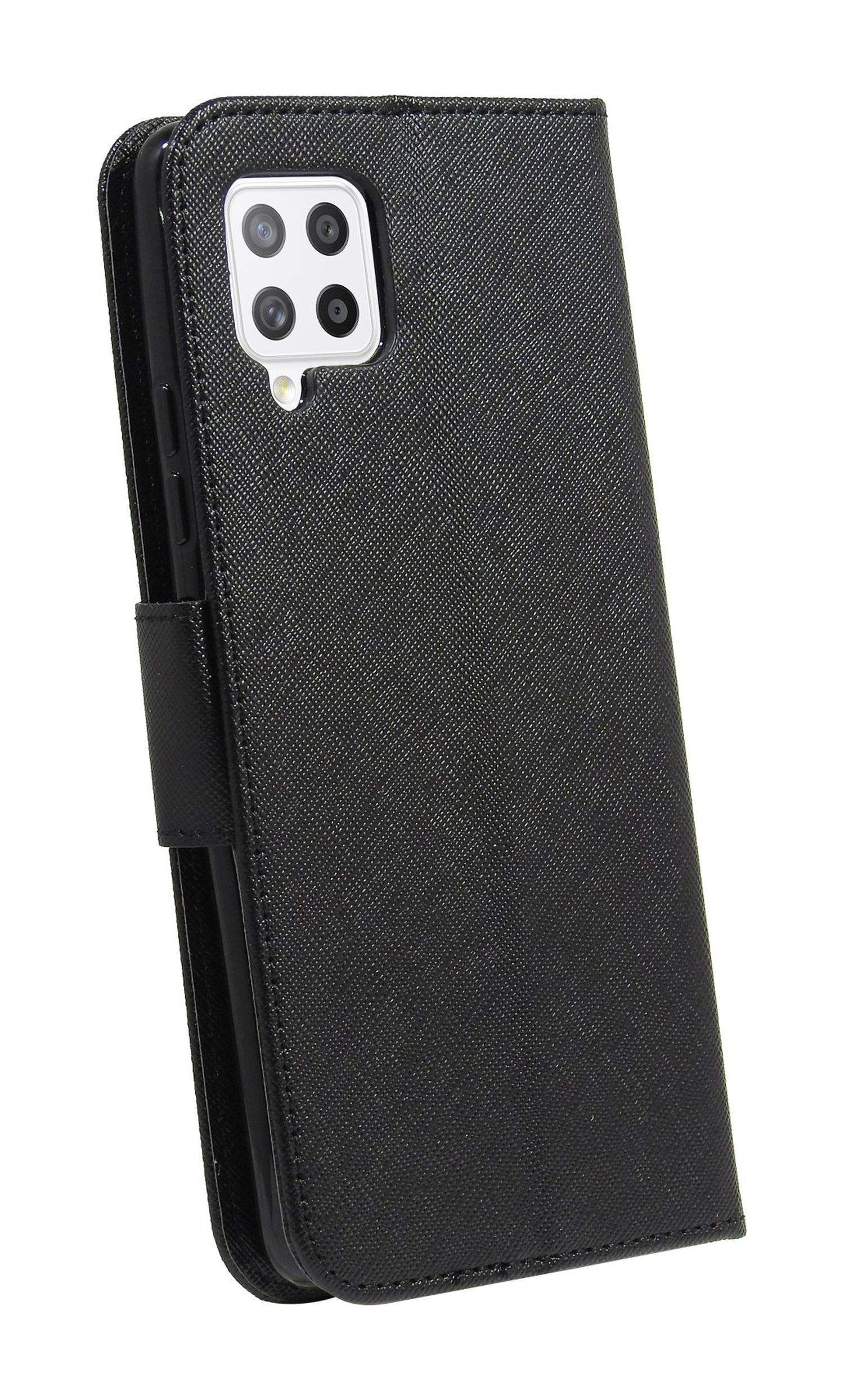 Schwarze Handyhülle mit einem Telefon darin. Die Hülle ist mit einem Magnetverschluss verschlossen.