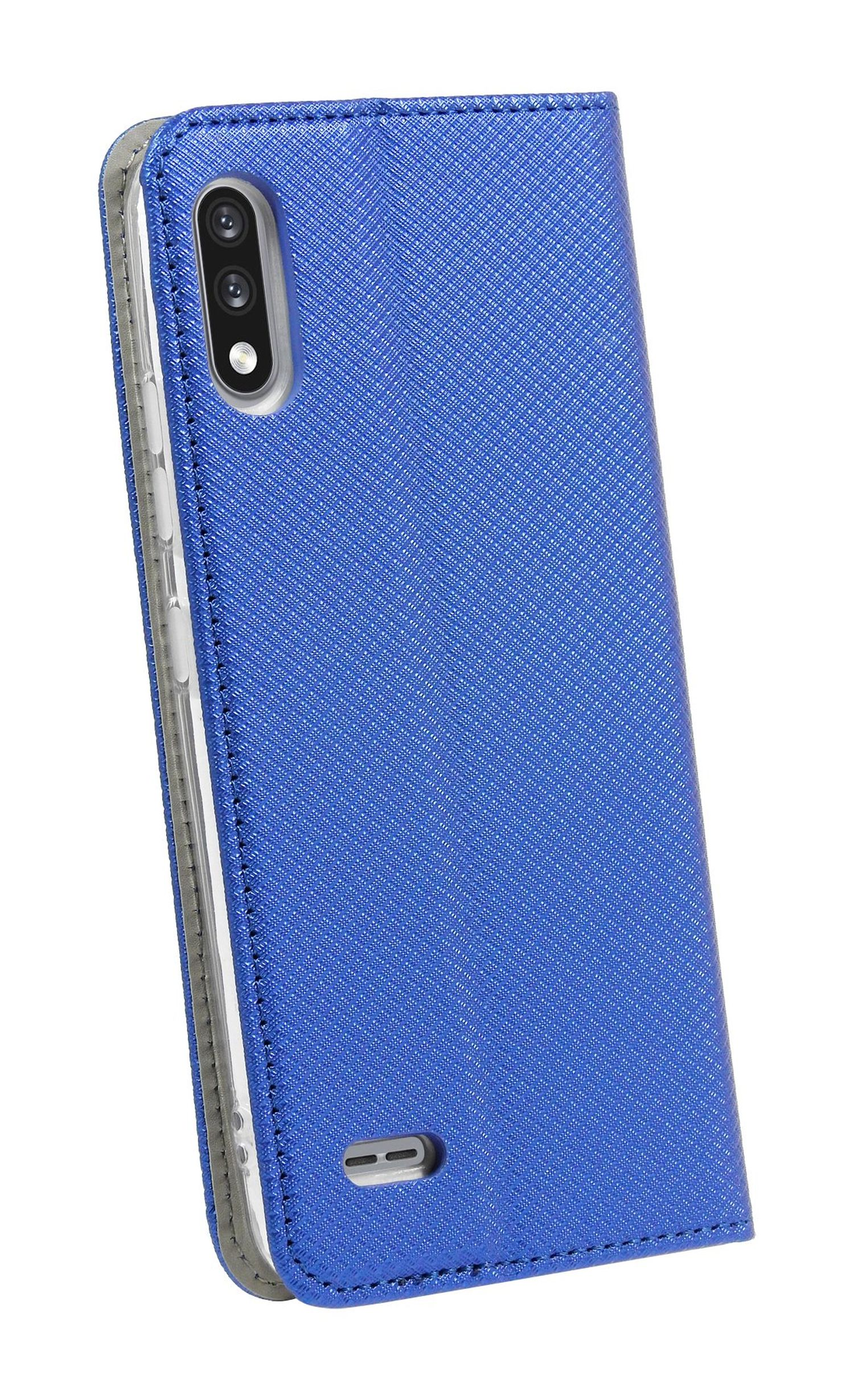 Blaue strukturierte Handyhülle, geöffnet zur Anzeige des Telefons. Dualkamera sichtbar. Weißes Innere.